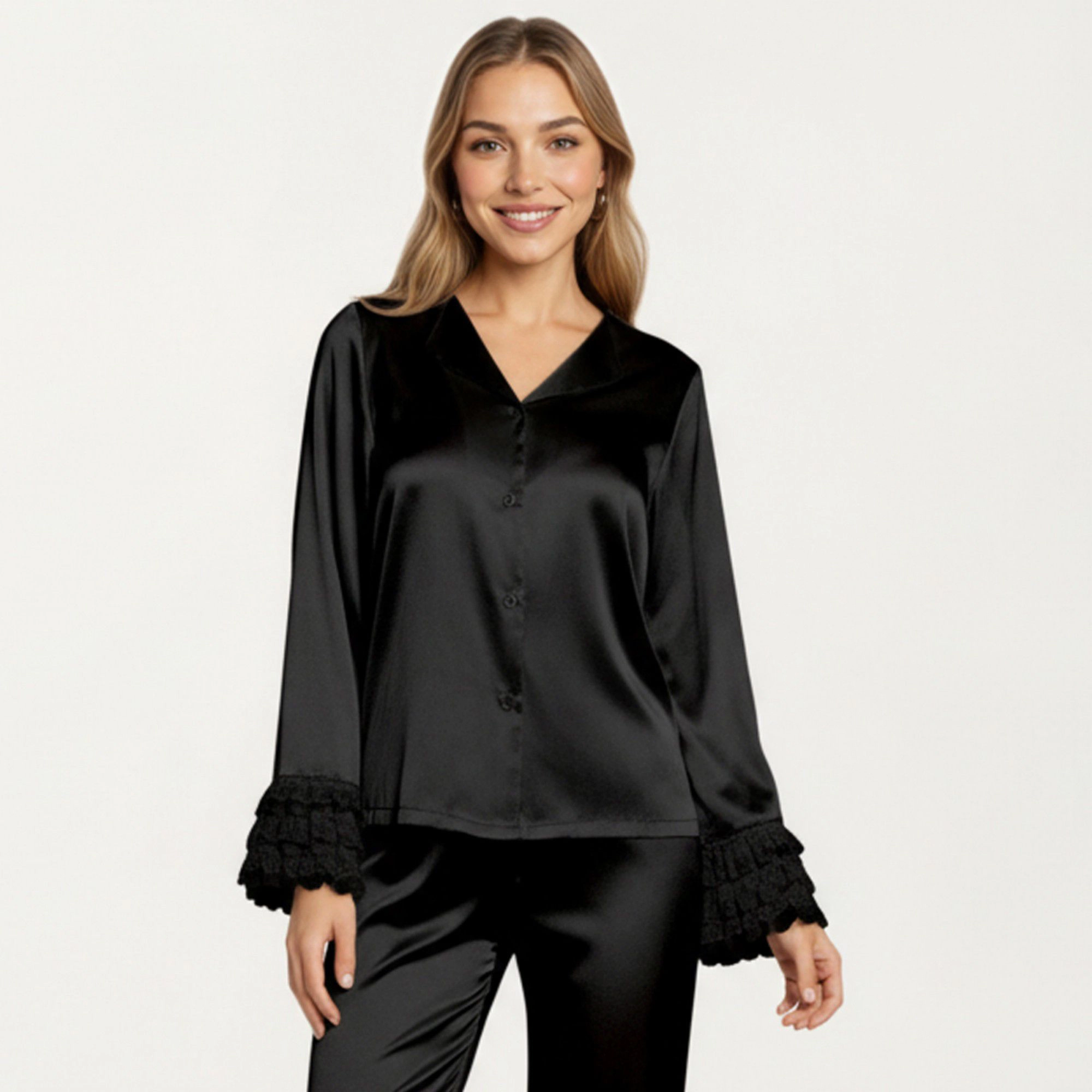 Anna-Kaci Women's Long Sleeve Pajama Set with Soft Button Front Top and Ruffled Cuff Trim Straight Leg Pants