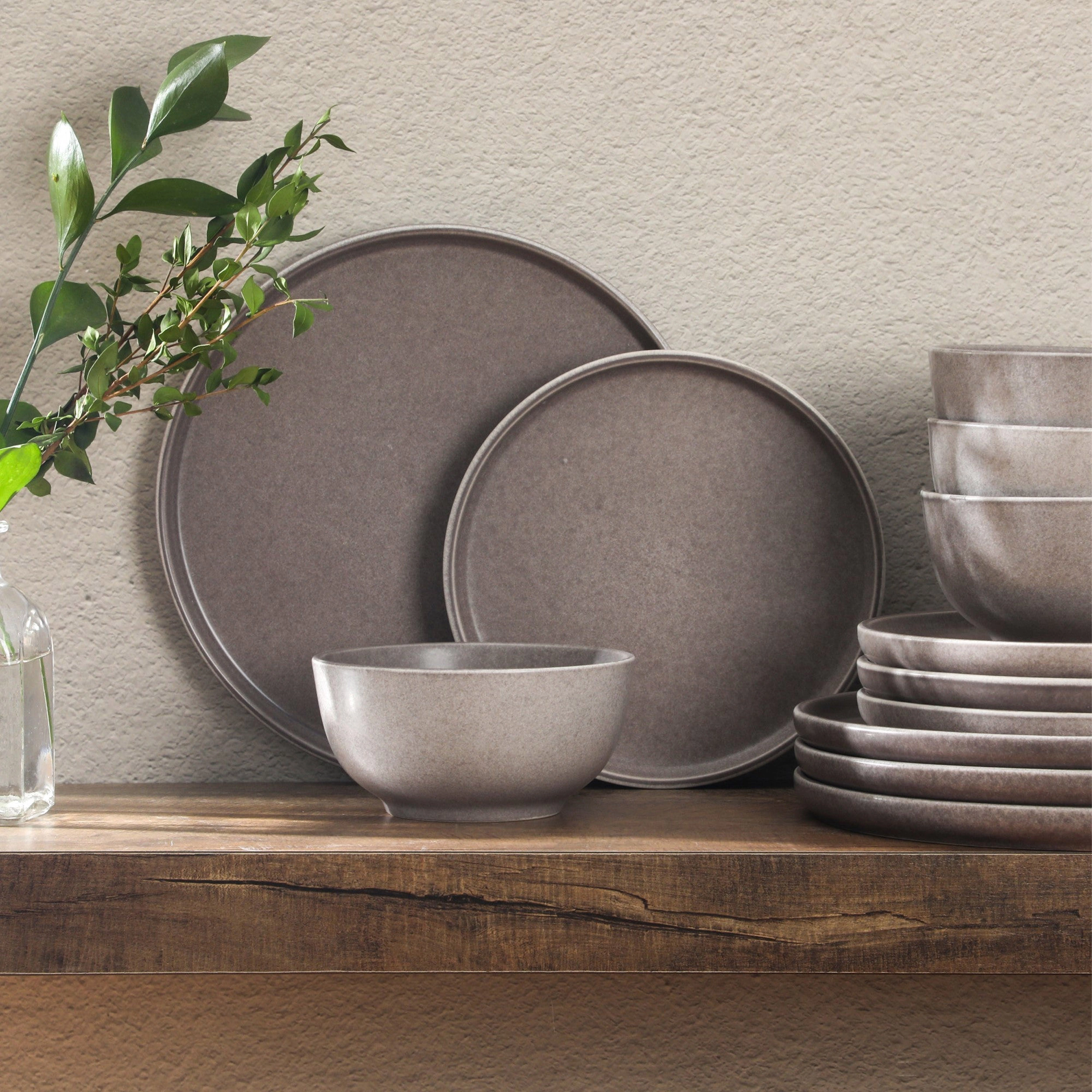 Gibson Elite Eden Rock 12 Piece Round Stoneware Dinnerware Set in Matte Brown