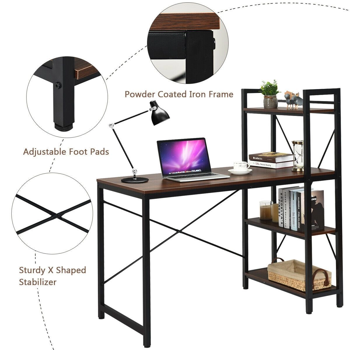 SlickBlue Computer Desk with 4-Tier Shelf and X-Frame