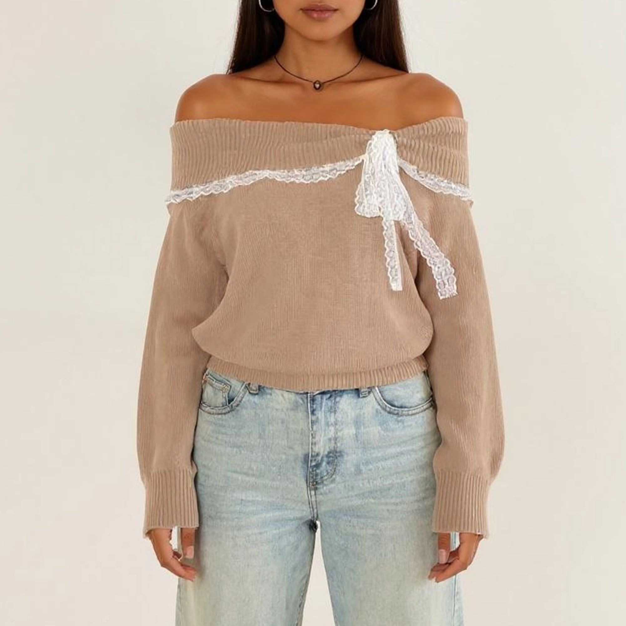 Anna-Kaci Women's Off Shoulder Knit Top with Lace Trim and Long Sleeves