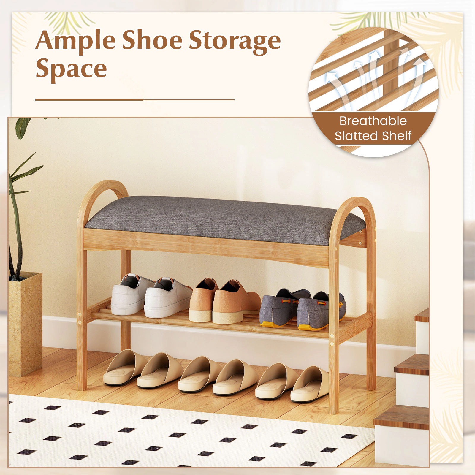 Glintex Compact Bamboo Shoe Bench with Slatted Shelf and Padded Cushion, Gray