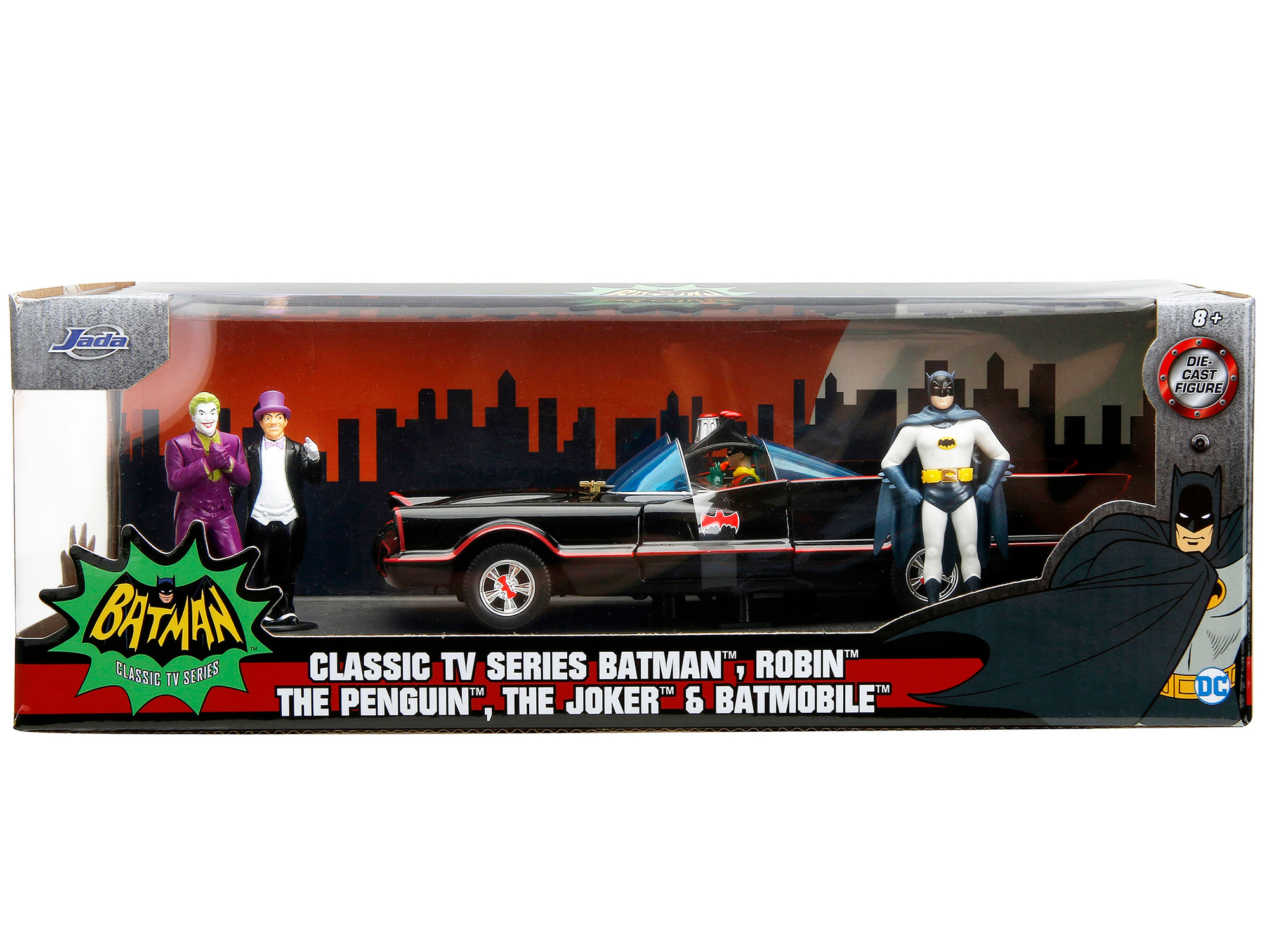 Jada 1966 Classic Batmobile with Diecast Batman The Joker The Penguin and Plastic Robin Sitting Inside The Car
