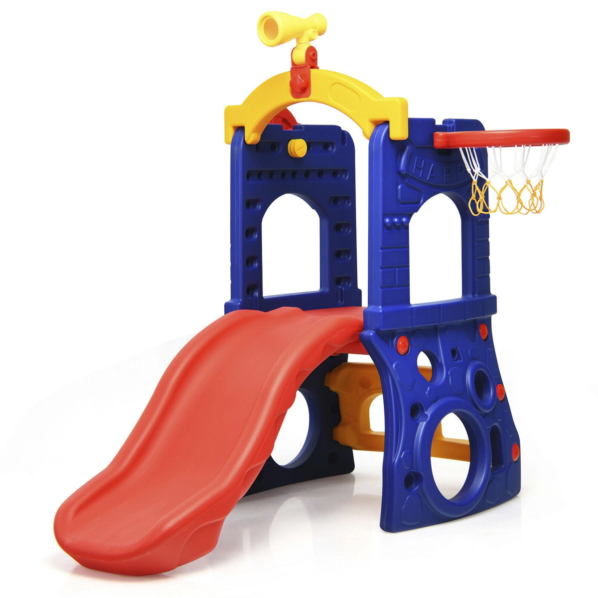 SUGIFT 6-in-1 Freestanding Kids Climber Slide with Basketball Hoop & Ring Toss 110-lb Capacity Ages 3-8 As Picture Shows