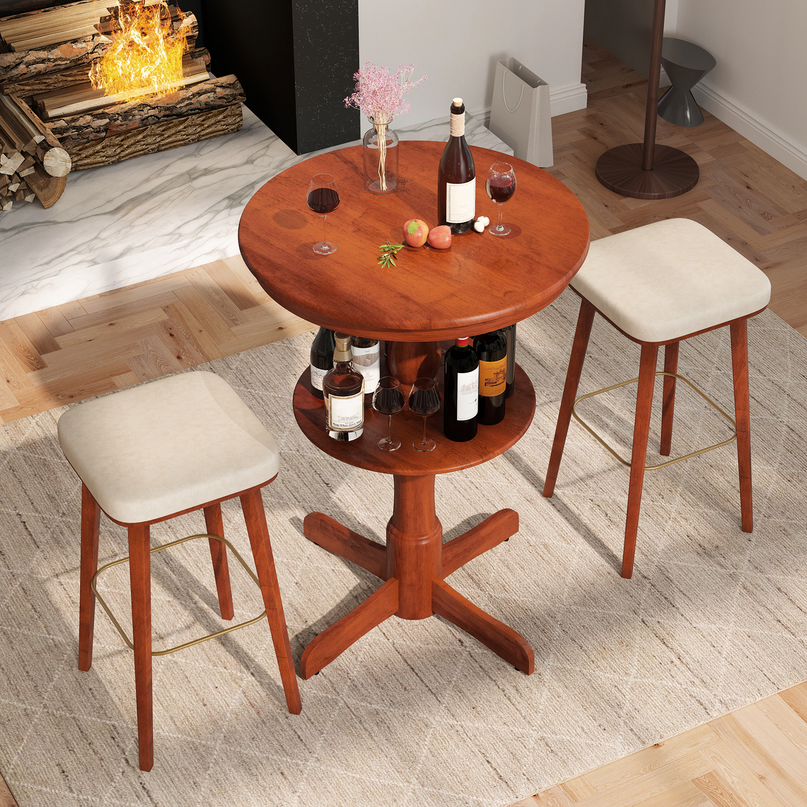 LJG 2-Tier Round High Top Bar Table with Storage Shelf and Pedestal Base