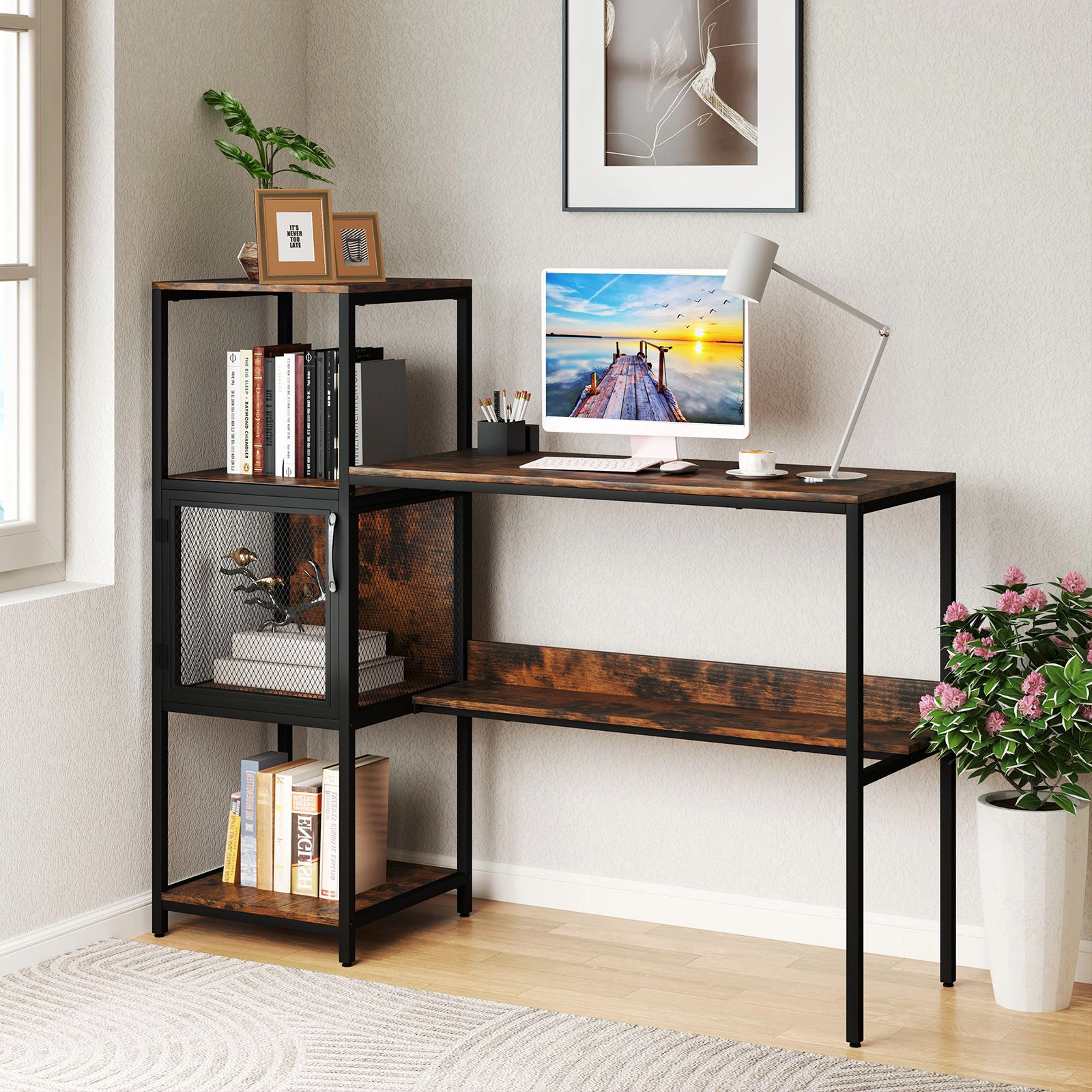 SlickBlue 51 Inch Home Office Desk with Shelves and Cabinet