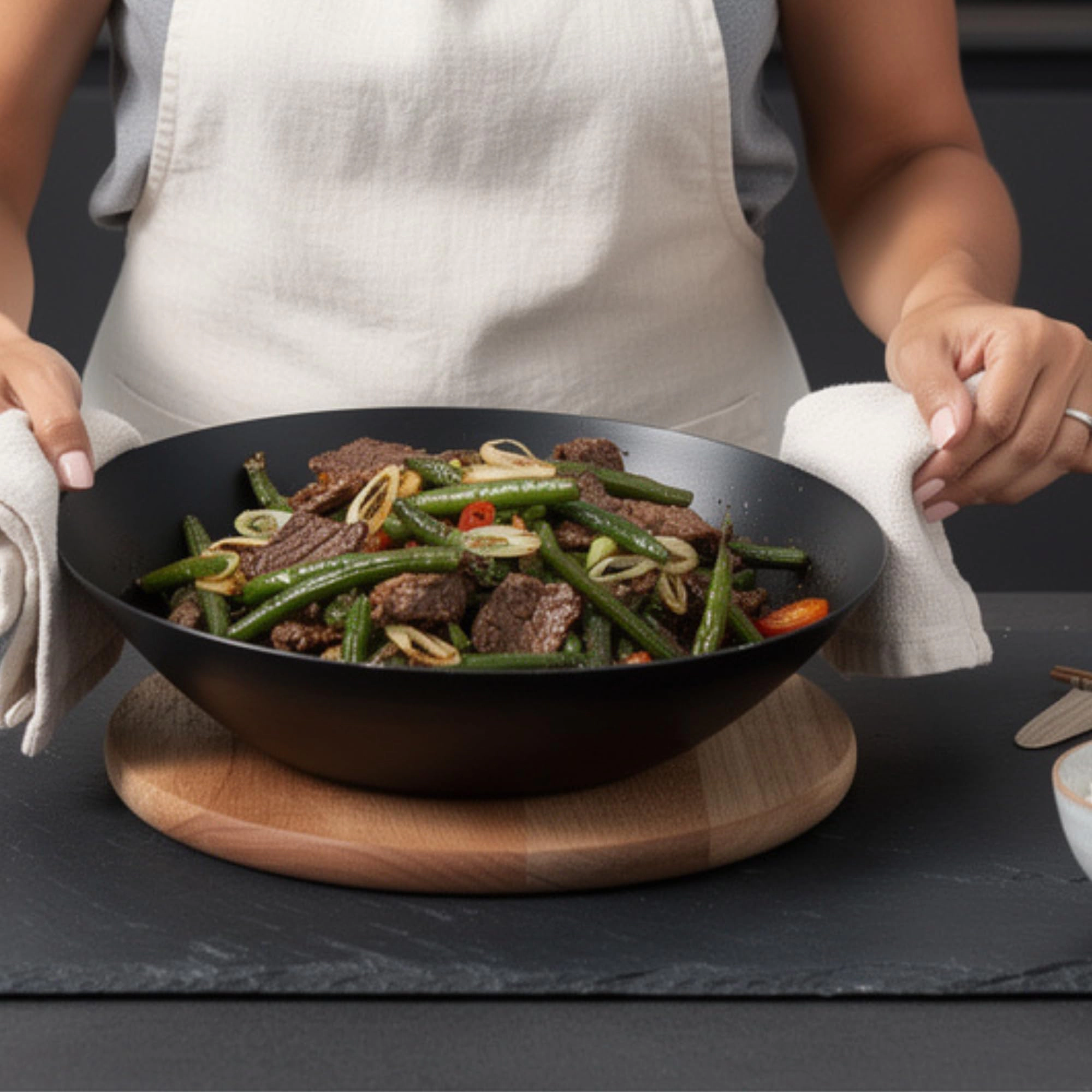 Alva Forest 12" Carbon Steel Wok Pan, Naturally Nonstick Pre-Seasoned with Acacia Wood Handle