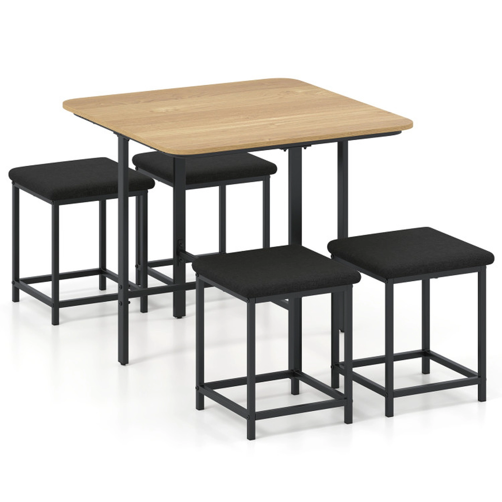 SUGIFT 5-Piece White Dining Table Set, 35.5-in Square Table with 4 Linen Upholstered Stools