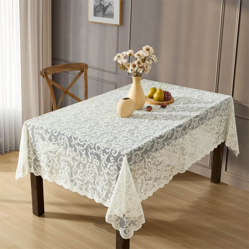 HLC.ME Scroll Scalloped Lace Fabric Wrinkle Resistant Tablecloth