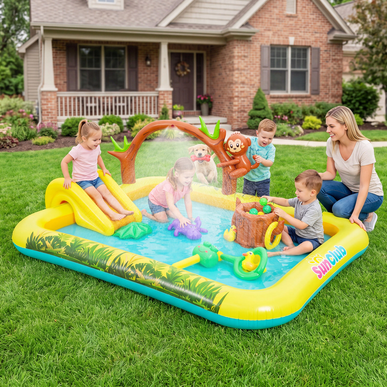LJG Kids Animal Spray Pool with Slide for Backyard and Garden