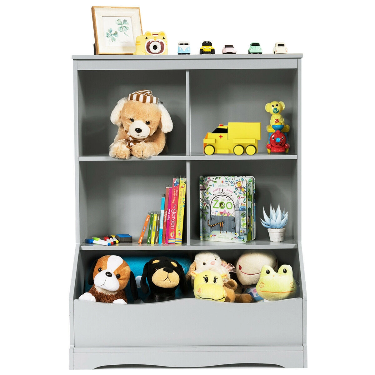 SUGIFT Kids 3-Tier 4 Compartments Storage Bin Anti-Tip Wooden Bookcase 26.5-in x 16-in x 34.5-in 66-lb Top Gray