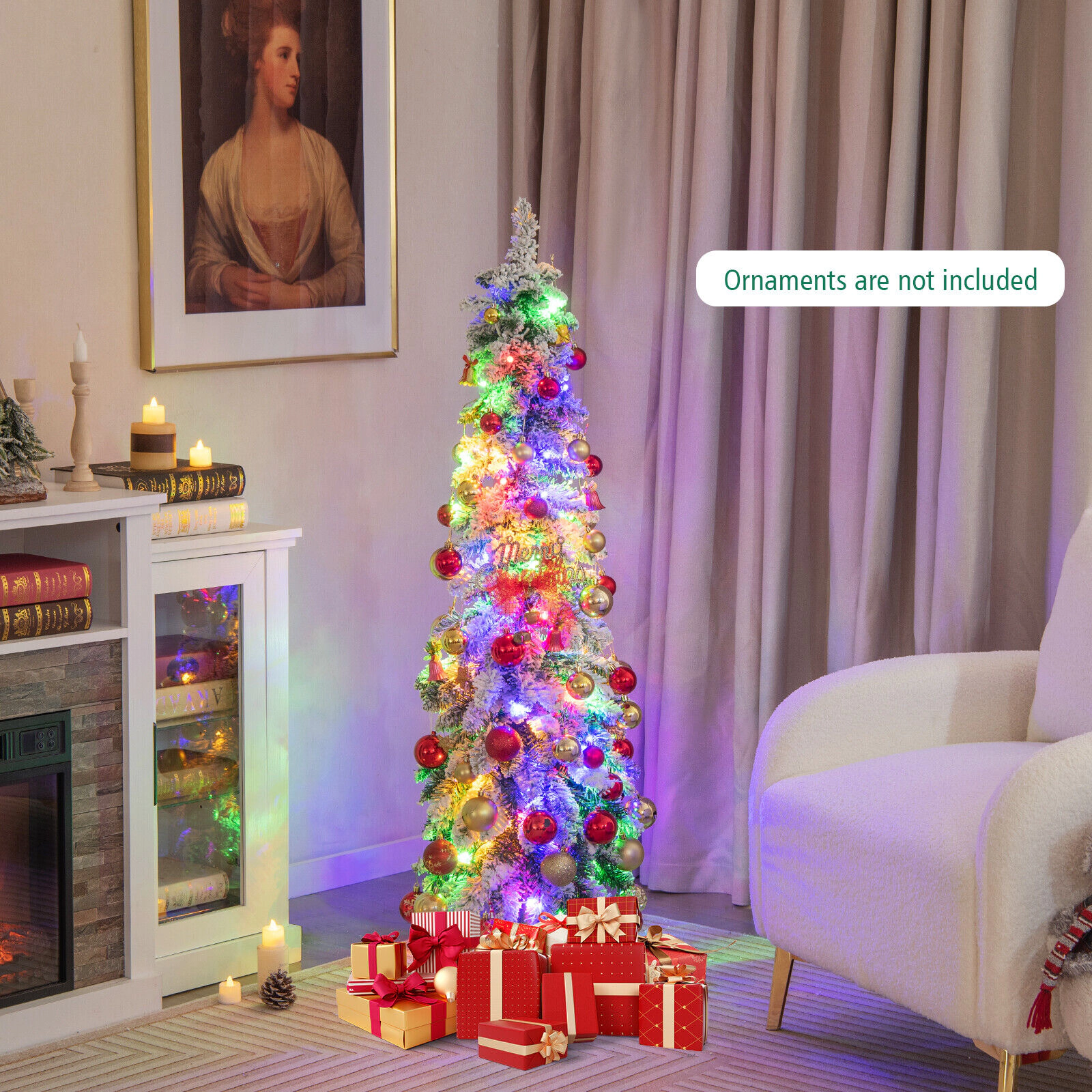LJG Pre-Lit Artificial Christmas Tree Snow-Flocked Slim Pencil Xmas Decor