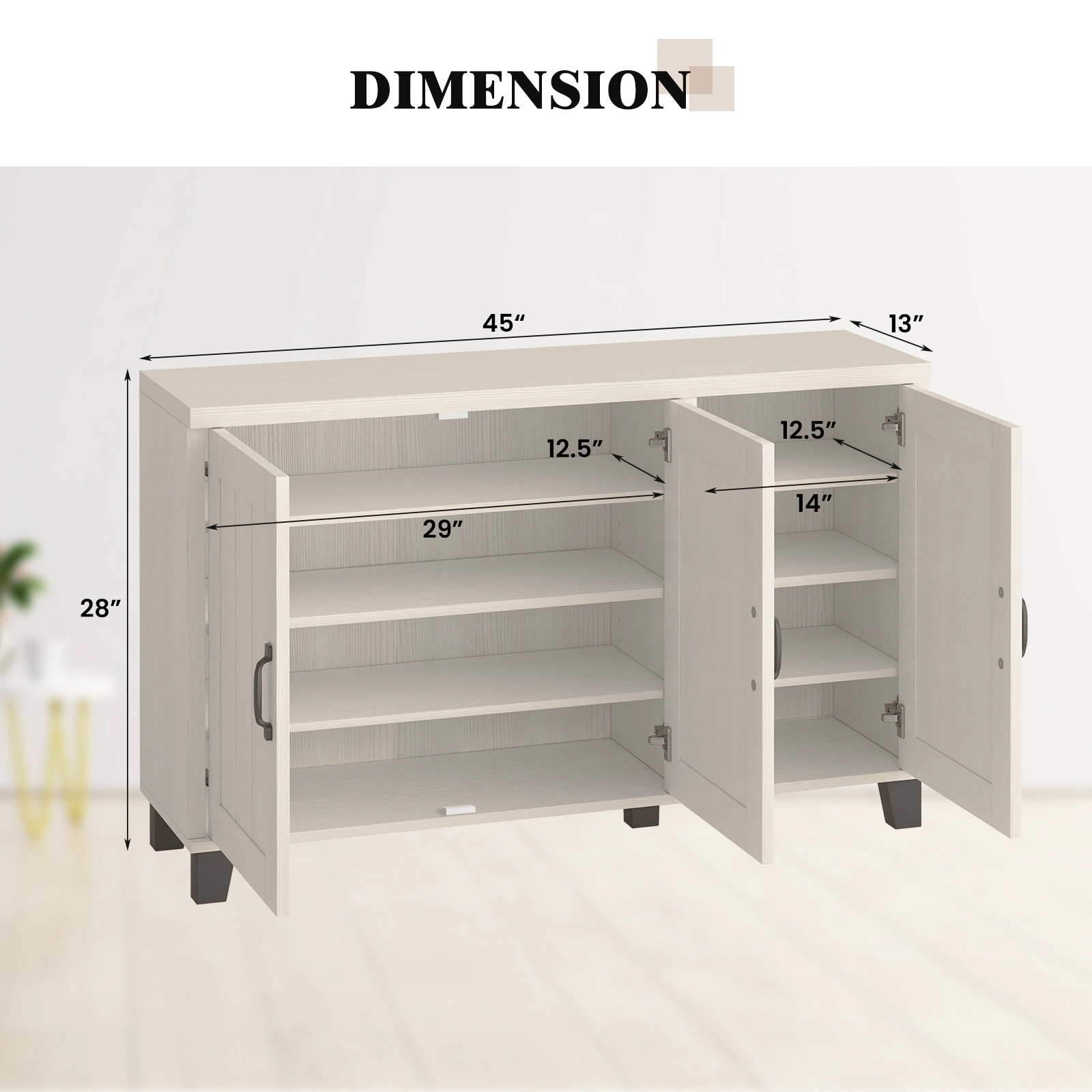 Glintex 45-Inch 3-Door Buffet Sideboard with 150-Lb Countertop, White