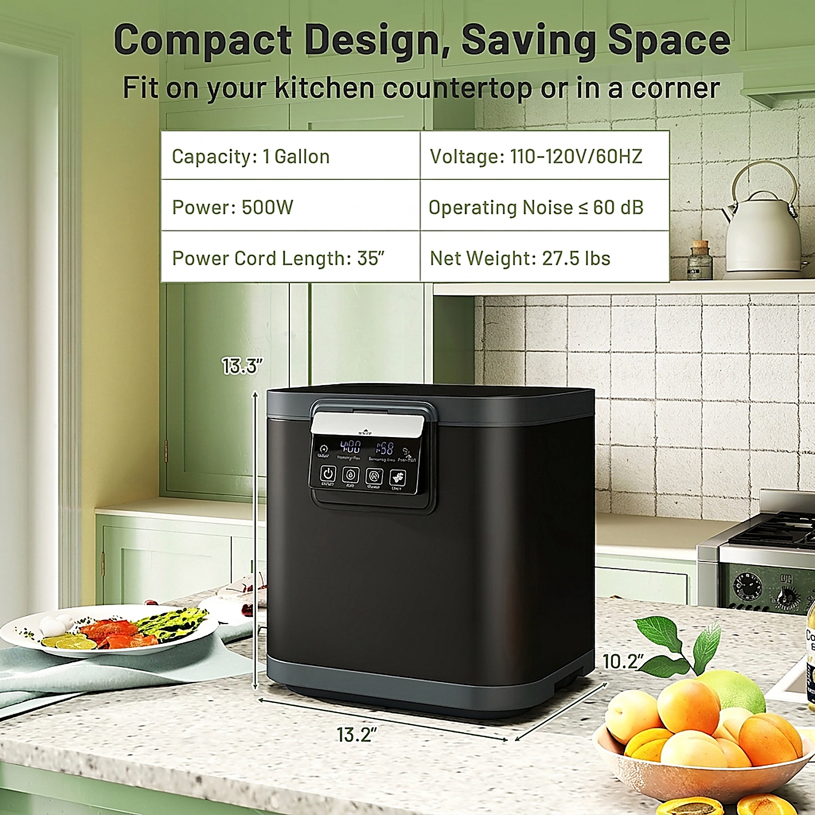SUGIFT Electric Kitchen Composter Food Waste Blender LED Display Auto Mode 4-Liter 1-Gallon 4-6 Hour Cycle Black