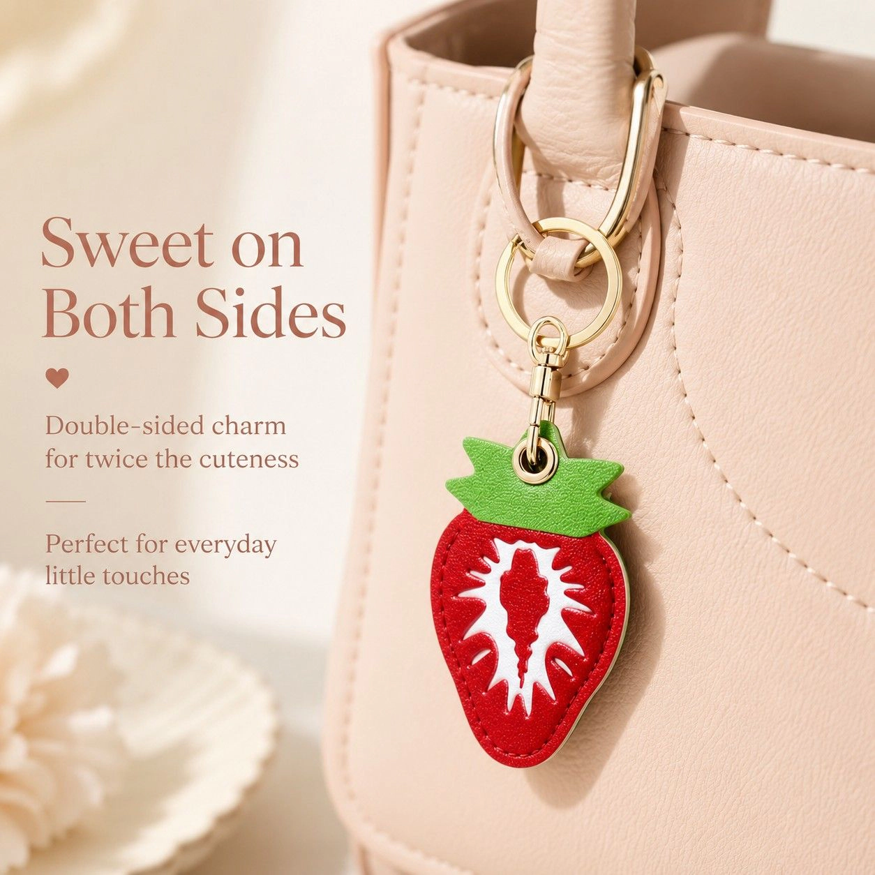 Alilang Women's Double-Sided Fruit Bag Charm Keychain with Stitched Detail and Gold-Tone Ring, Strawberry Red