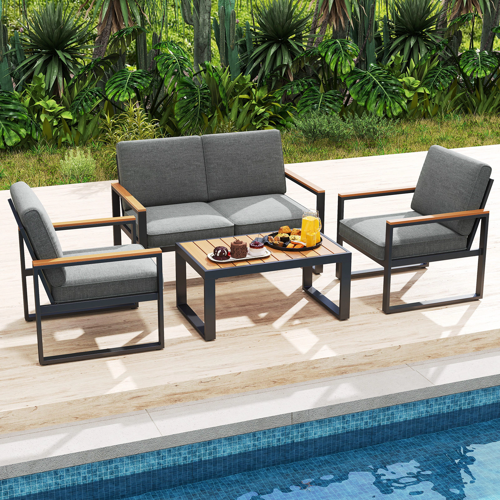 LJG 4 Piece Patio Aluminum Furniture Set with Armrests and Tabletop