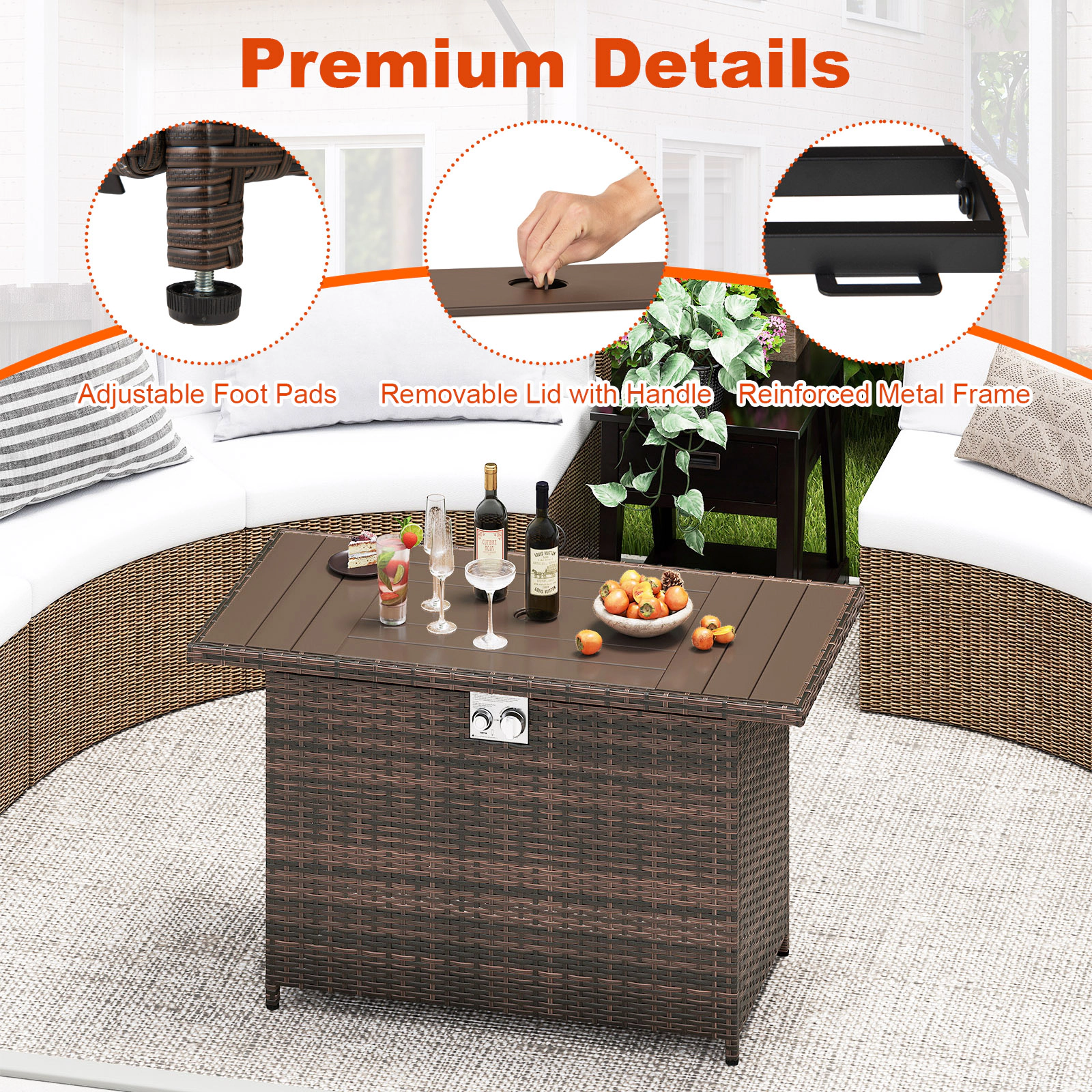 SUGIFT 44.5-Inch Rattan Propane Fire Pit Table with Stainless Steel Burner Brown
