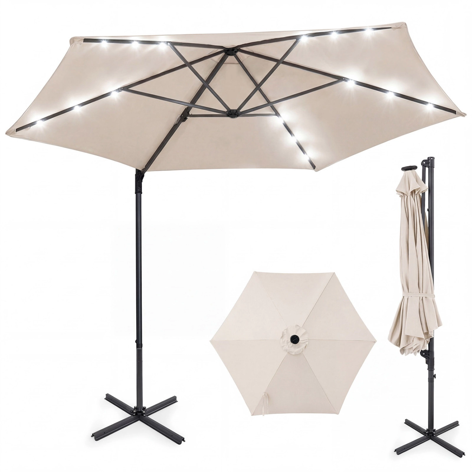 SUGIFT 10-ft 360° Swivel Cantilever Patio Umbrella with Solar LED Lights and Manual Lift Beige