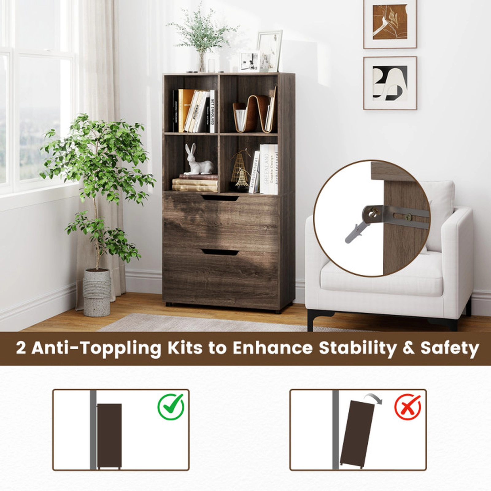 SUGIFT 4-Cube Bookcase with 2 Drawers 51 Tall Freestanding Bookshelf
