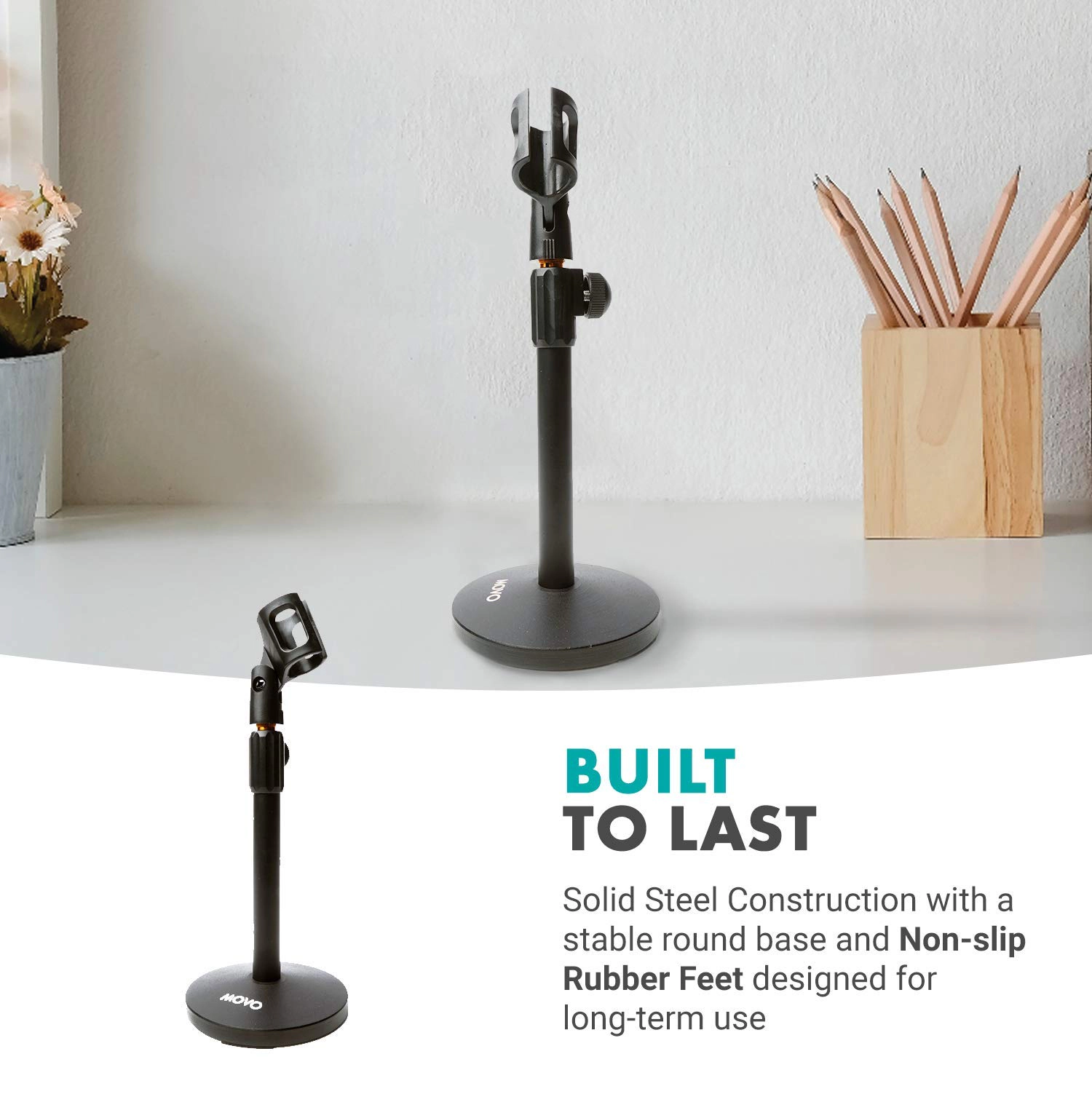Movo TMC-3 Small Adjustable Table Mic Stand with Round Base and Universal Mic Clip. Table Top Mic Stand Height is