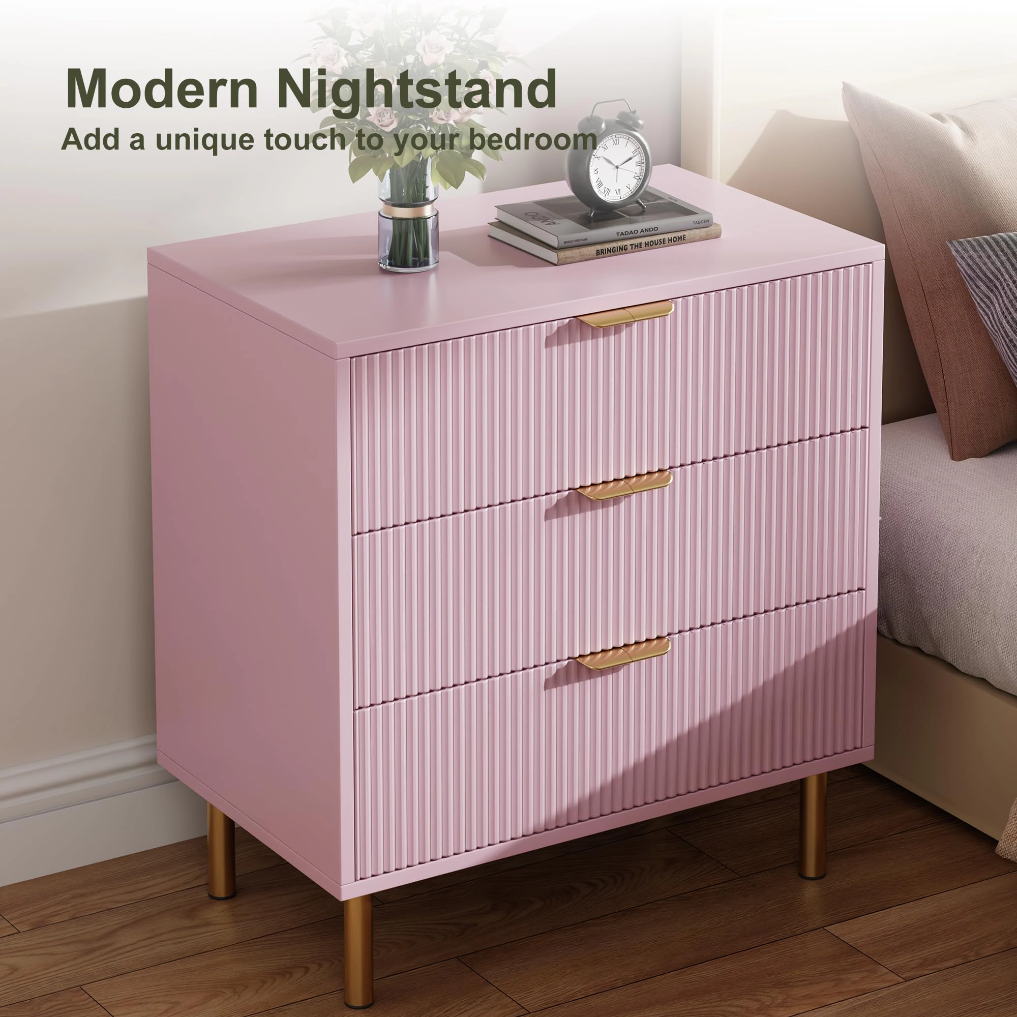 3 Drawer Fluted Dresser with Gold Handles & Metal Legs, Wooden Storage Chest for Bedroom Entryway