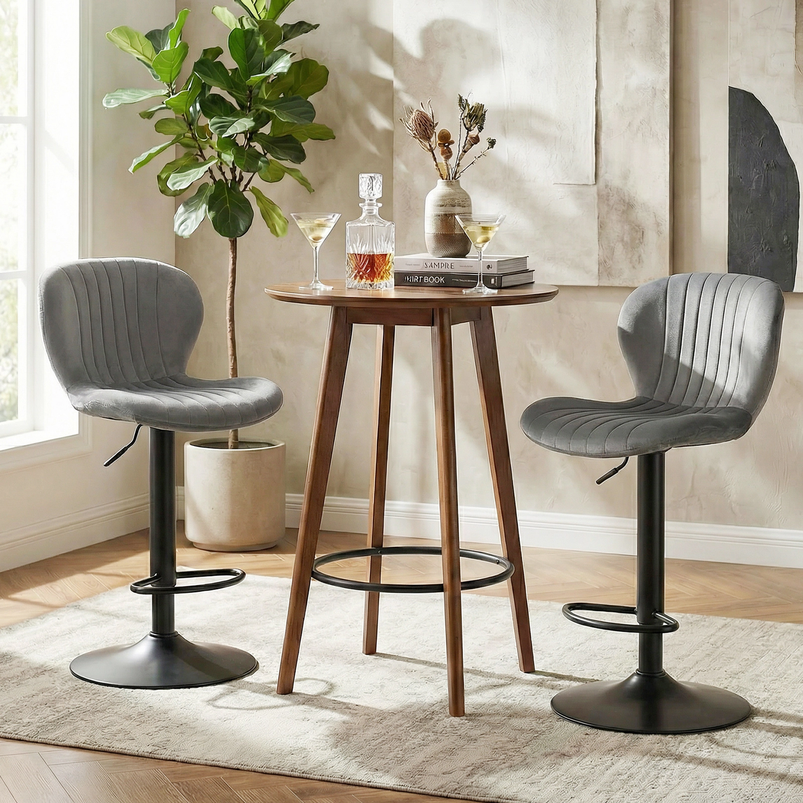 SUGIFT Adjustable Counter Height Bar Stools 330-lb Capacity with 360° Swivel and Footrests Black/Gray + Black