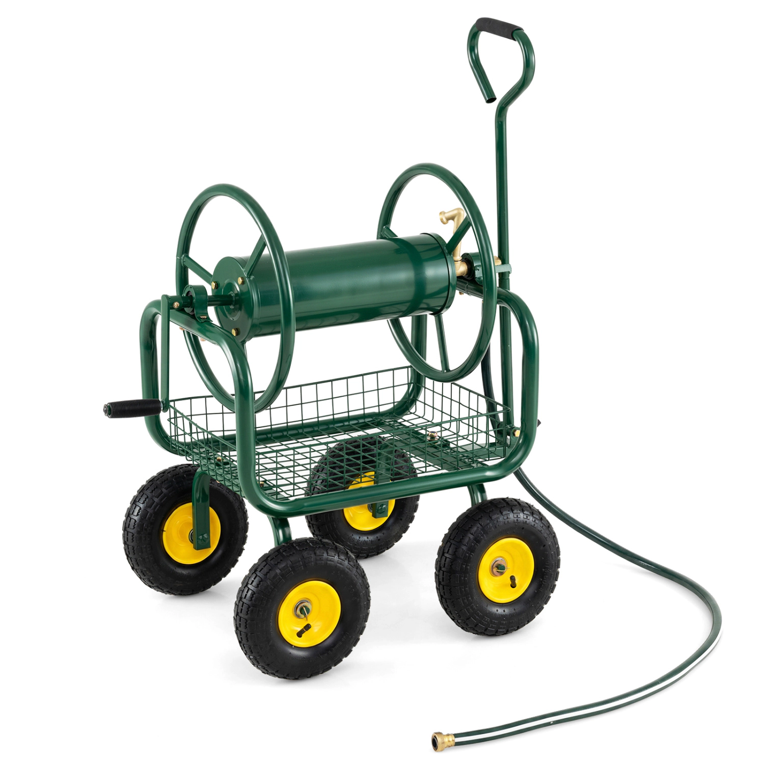 SUGIFT Garden Hose Reel Cart 300 Feet with Air-Filled Tires and Storage Basket
