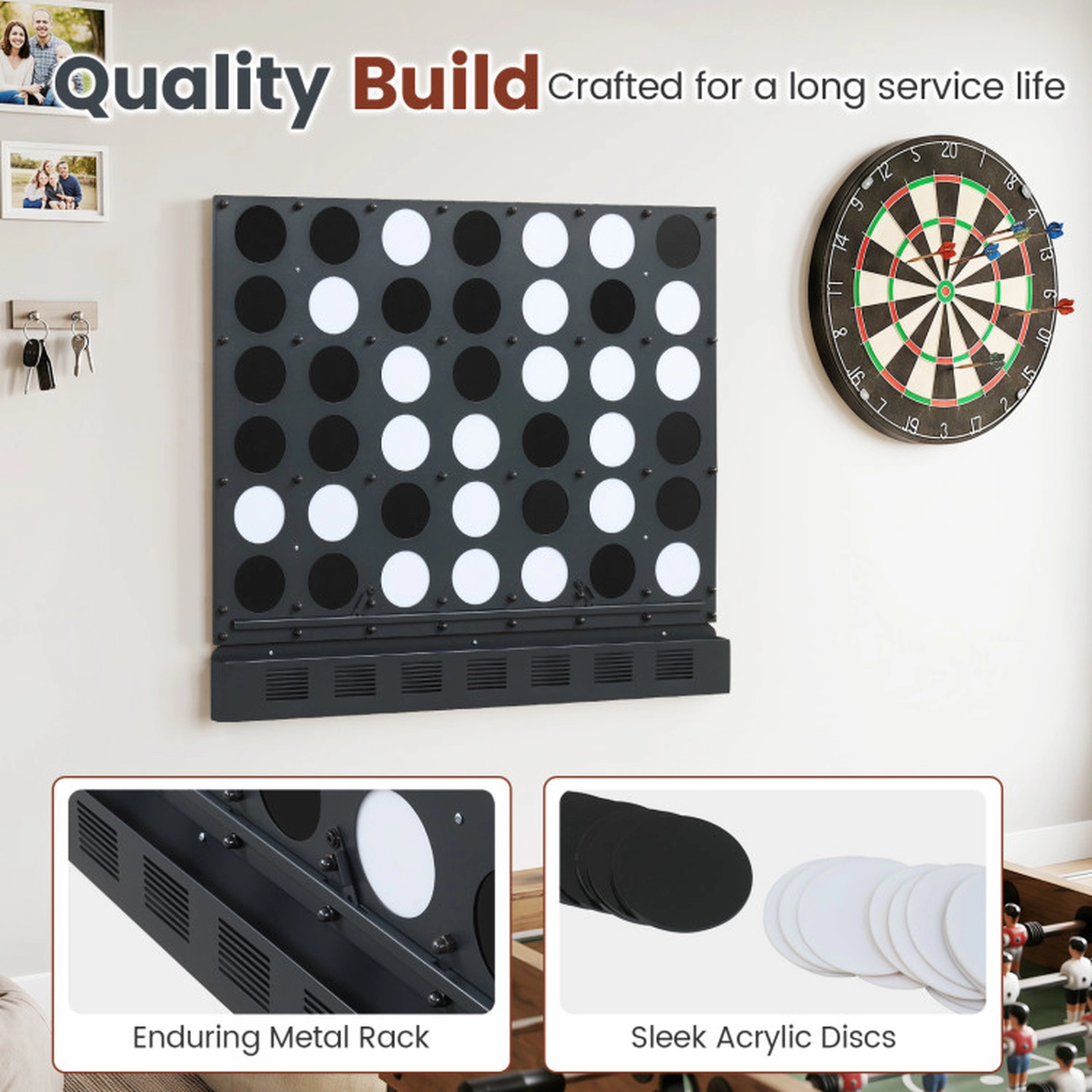 SUGIFT Wall-mounted Jumbo 4-in-a-Row Game with Acrylic Discs Wall Game Black/Walnut