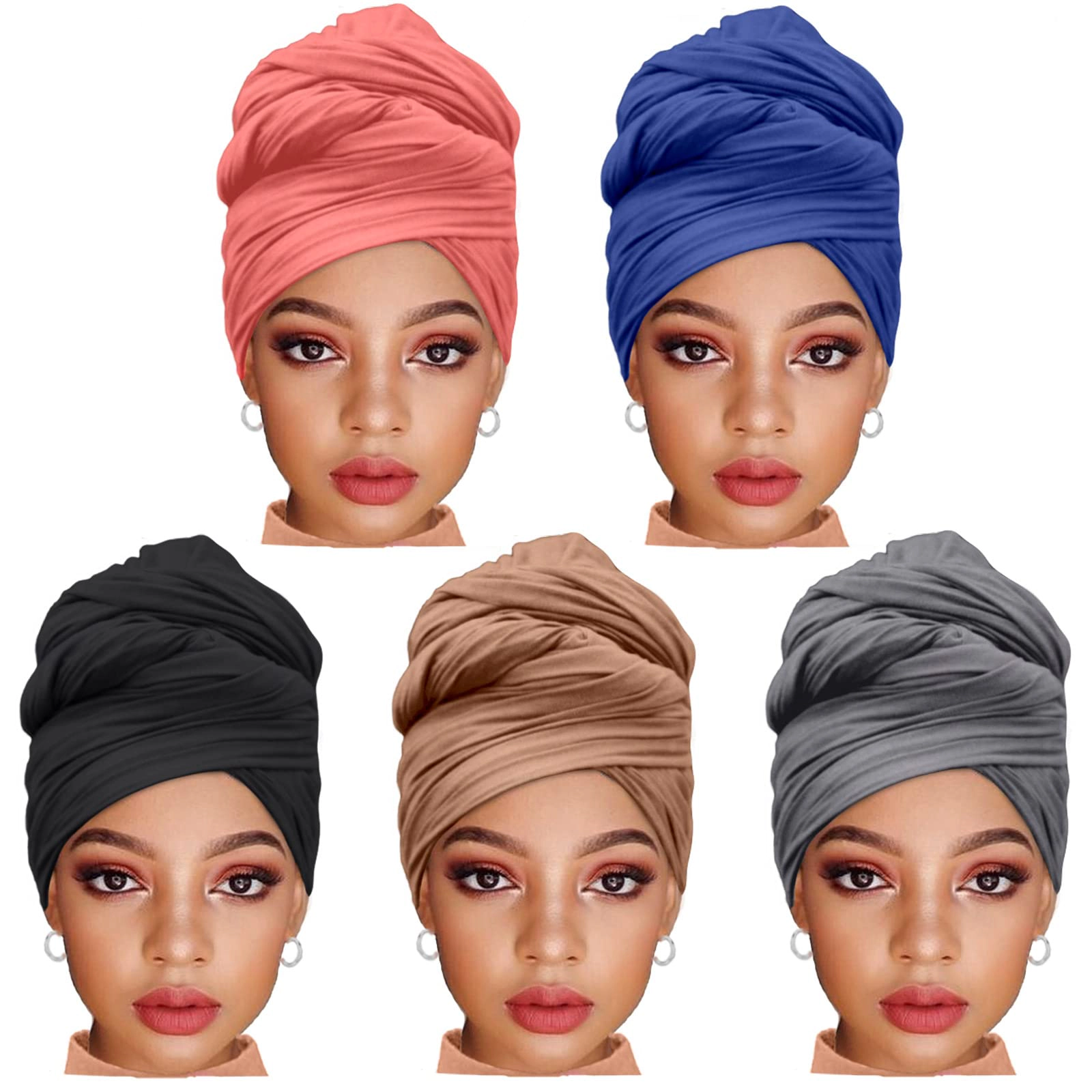 5 Pcs Stretch Jersey Headwrap Scarf Turban for Black Women, Boho Extra Long Soft Breathable Easy Knot Hijab Tie