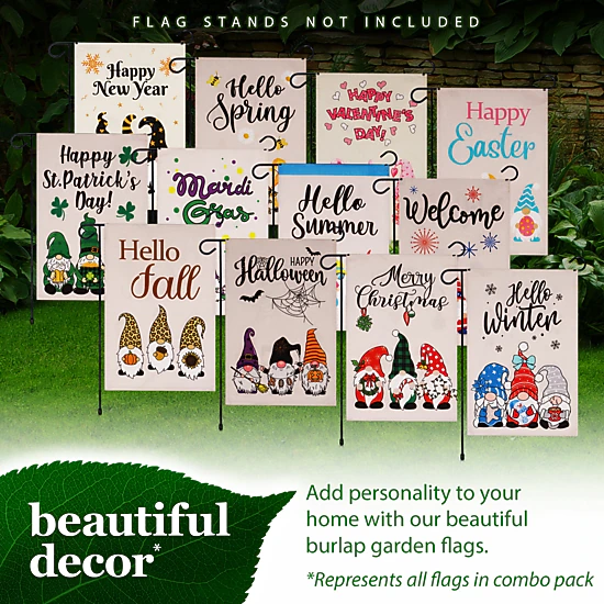 G128 Holiday Gnomes Garden Flag Set 12x18 inch - 12pc Burlap Polyester Double-Sided