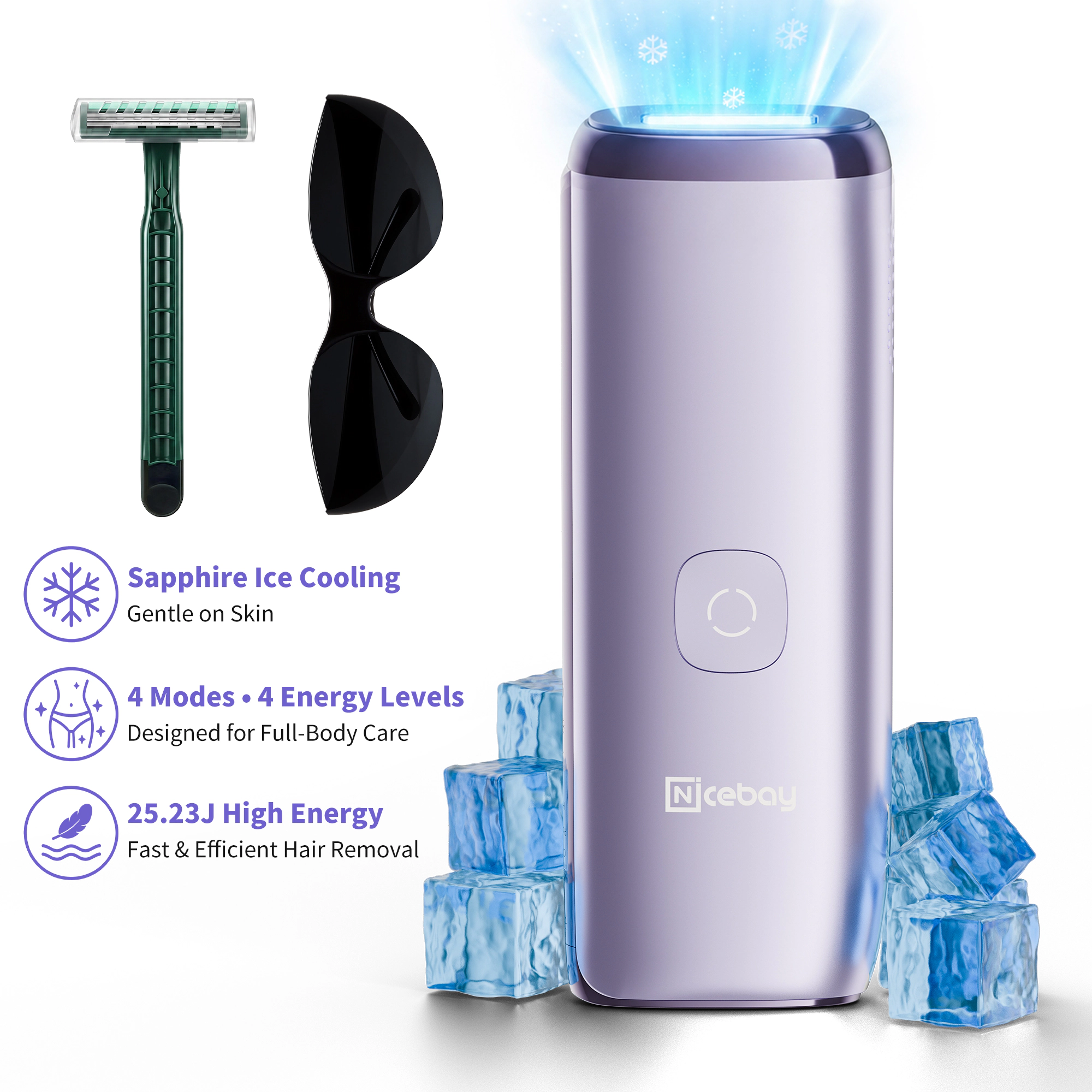 NICEBAY IPL Hair Removal Device – 4 Energy Modes with Sapphire Cooling – Hair Reduction at Home