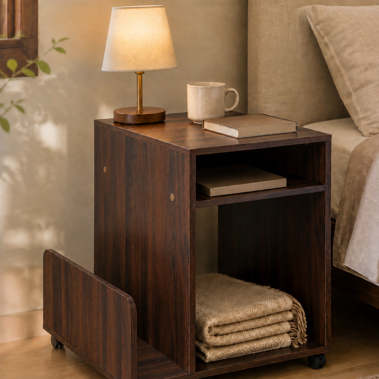 SUGIFT 3-Tier Brown Rolling End Table with Side Storage Rack and Lockable Wheels