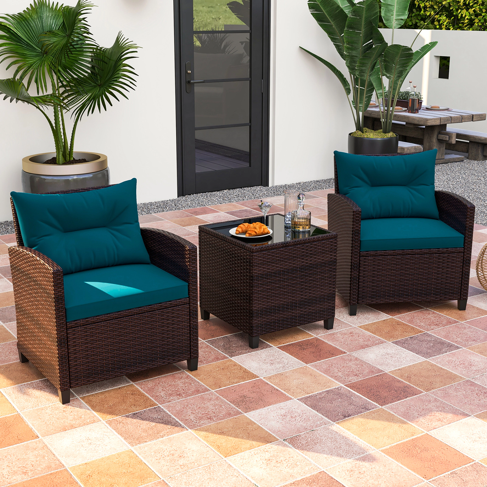 SUGIFT 3-Piece Rattan Patio Conversation Set with Steel Frame 360-lb Chair Capacity 26.5-in Chairs Peacock Blue