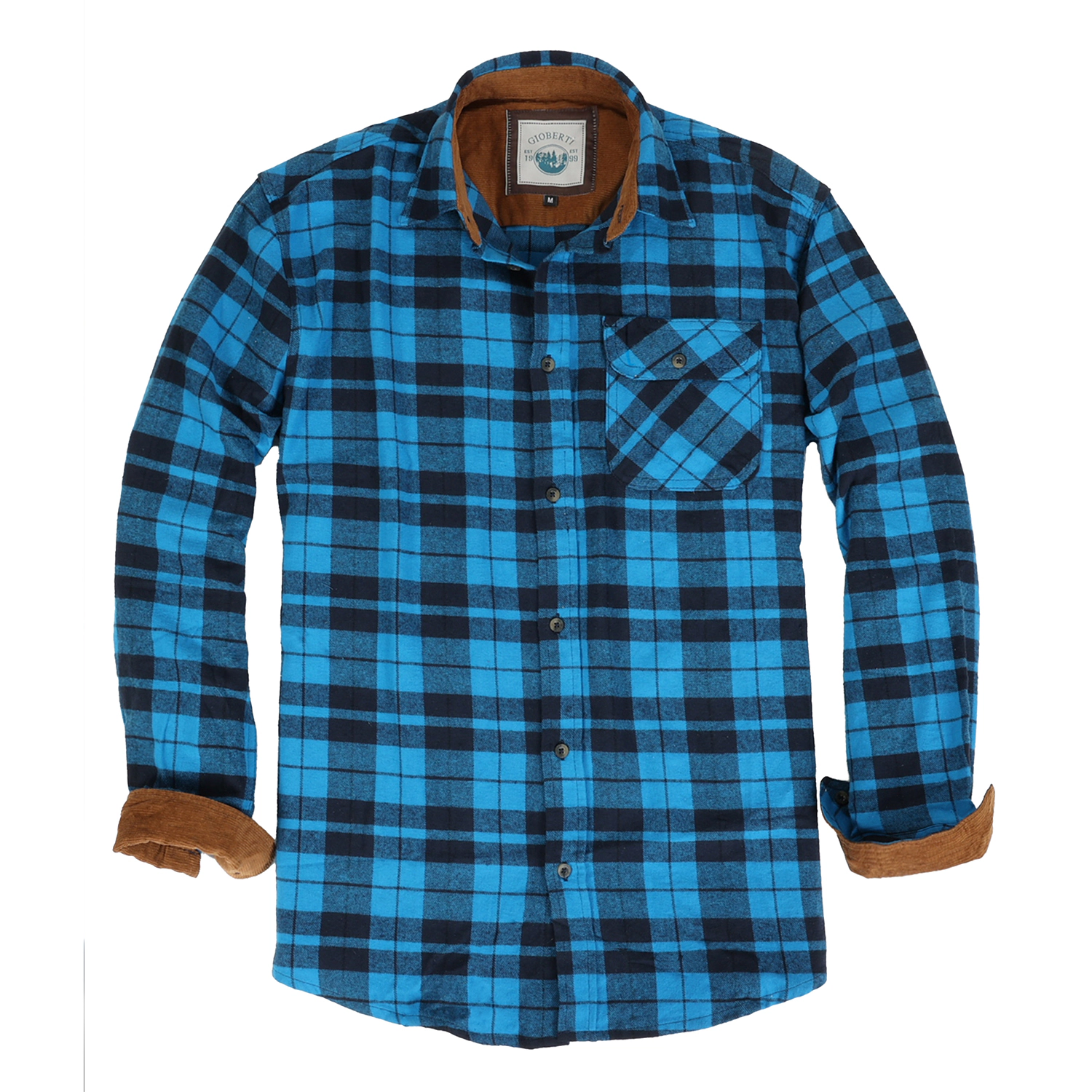 Gioberti Men's Long Sleeve Brushed Flannel Plaid Checkered Shirt with Corduroy Contrast