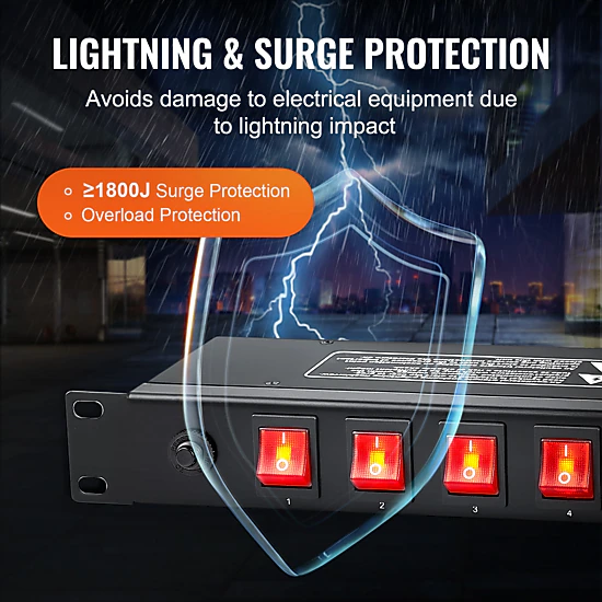 HONGGE 1U PDU, Rack Mount Power Strip Fits Standard 19 Server Racks, with Switch Surge Protection & Overload Protection
