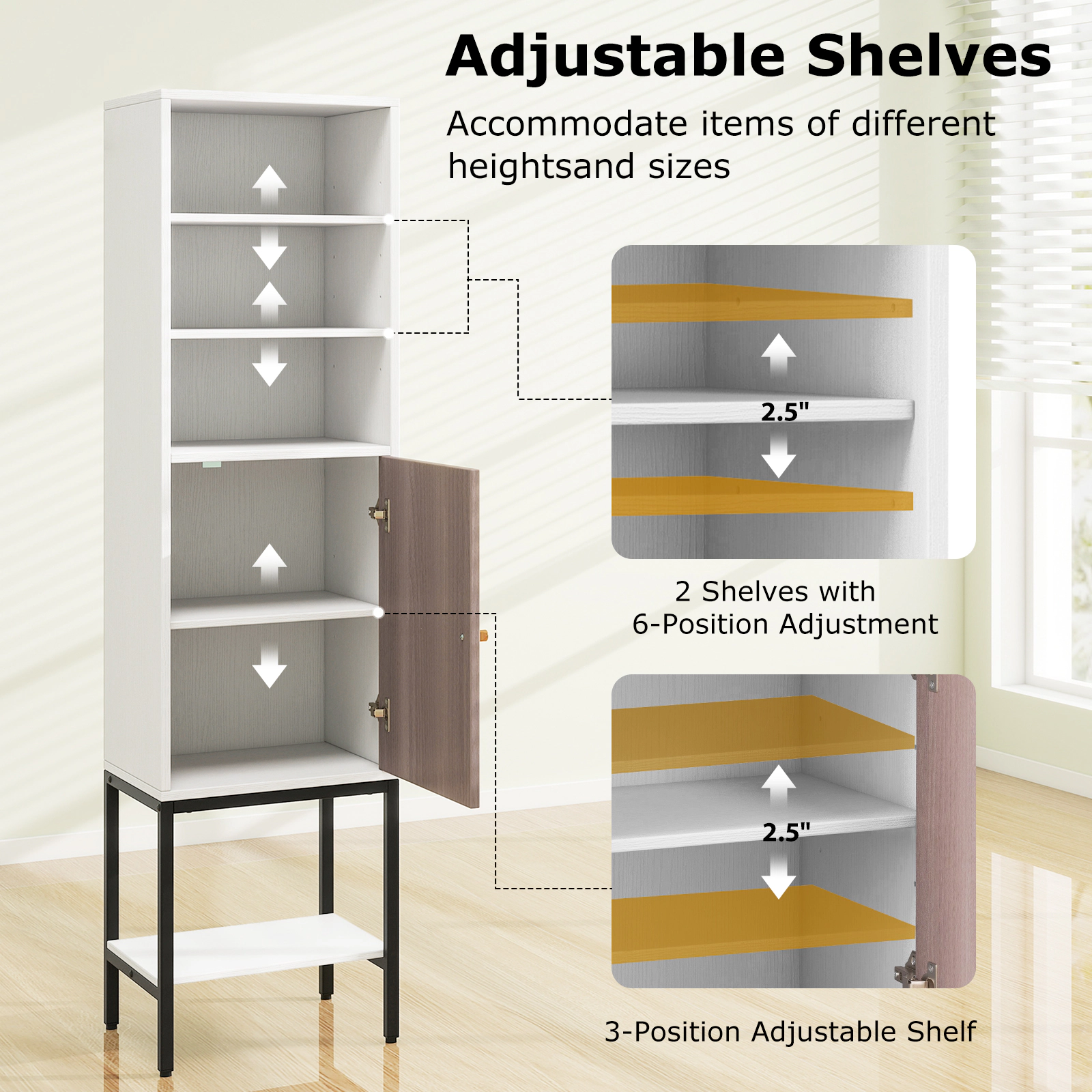 SUGIFT White 57-in 165-lb Capacity Narrow Bathroom Storage Cabinet with 1 Door 3 Open Compartments and Countertop