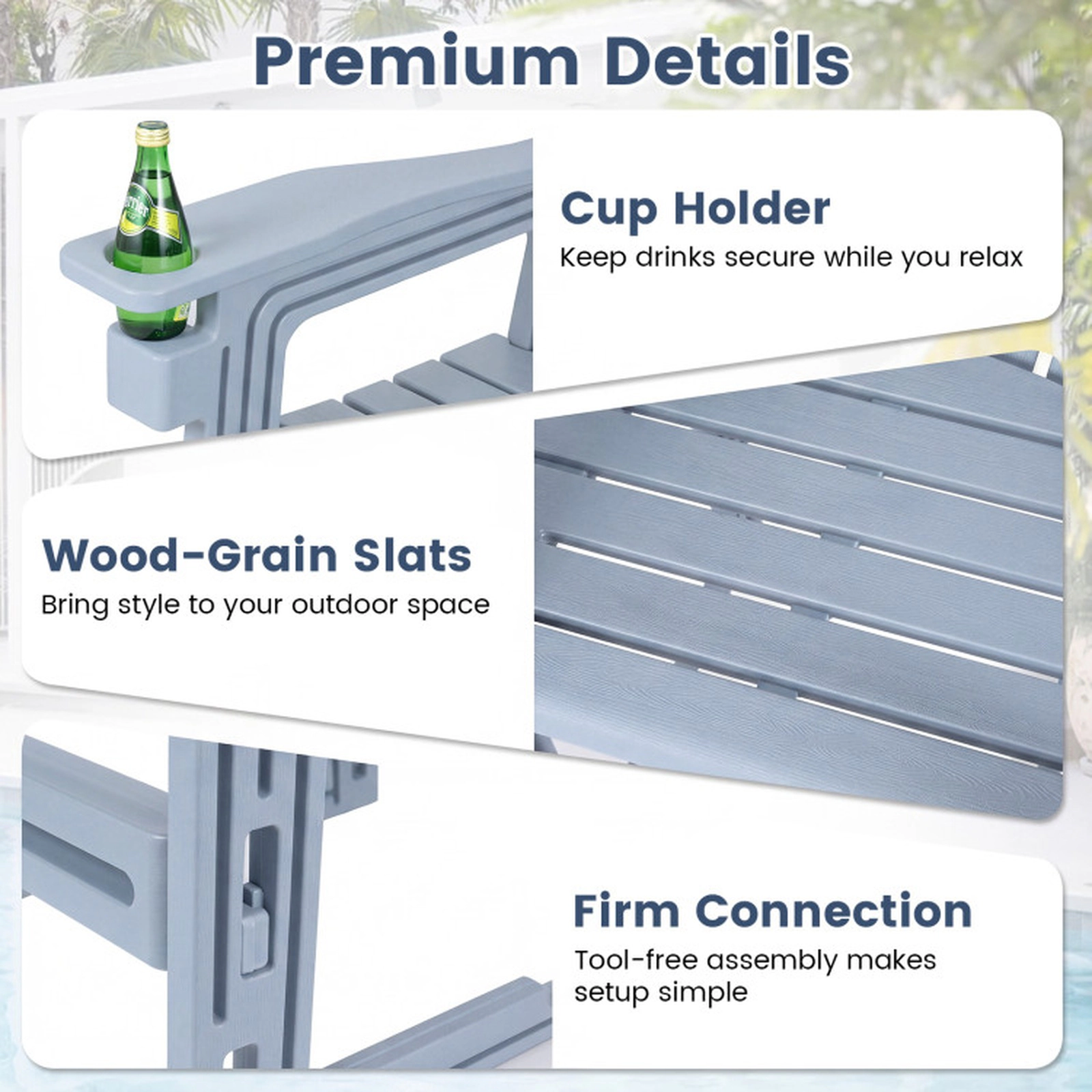 SUGIFT Gray HDPE Adirondack Bar Stool, 29-Inch Seat, Cup Holder, 440-Lb Capacity