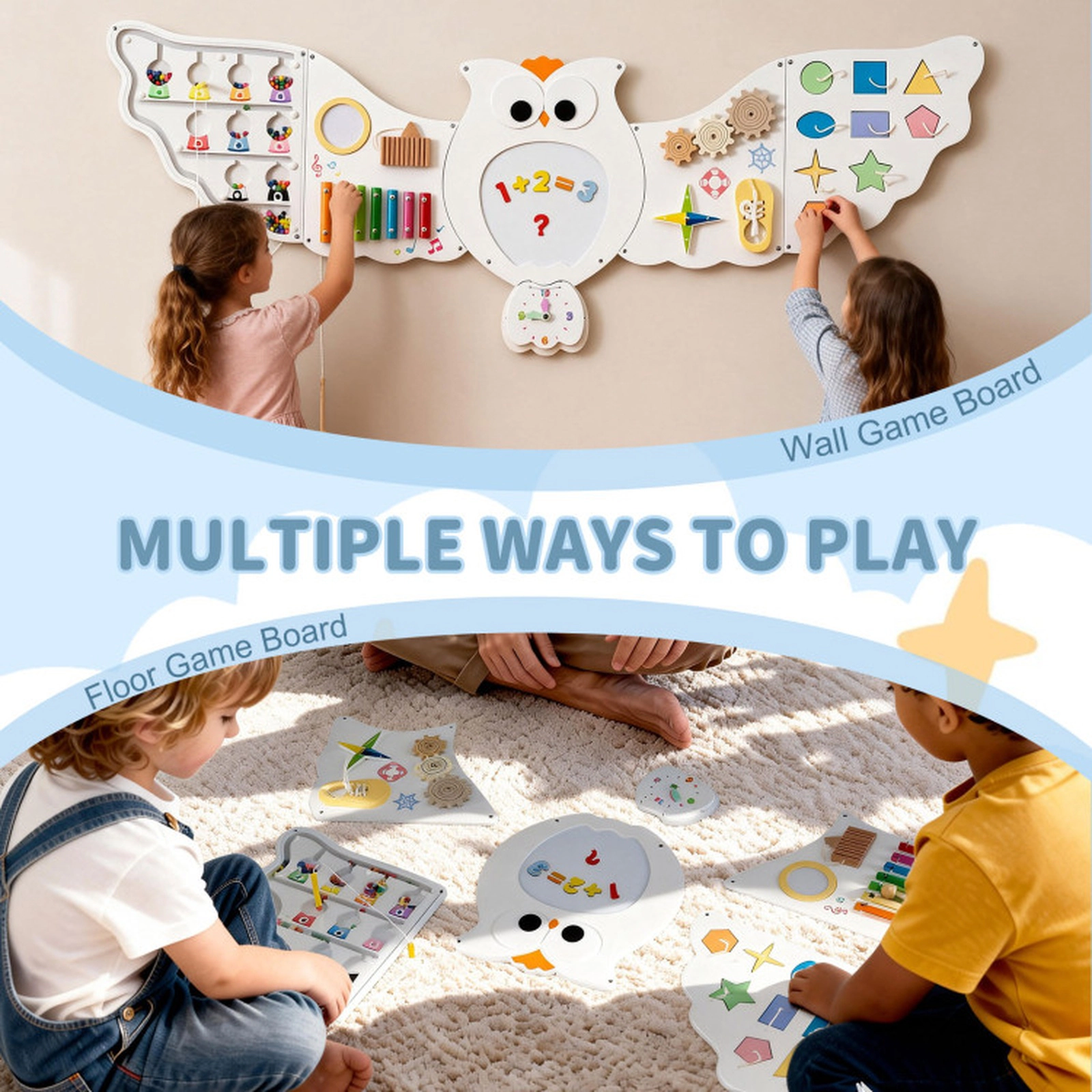 SUGIFT 11-in-1 56-in Owl Montessori Busy Board Wall Panel Set with Magnetic Math Board and 6 Panels
