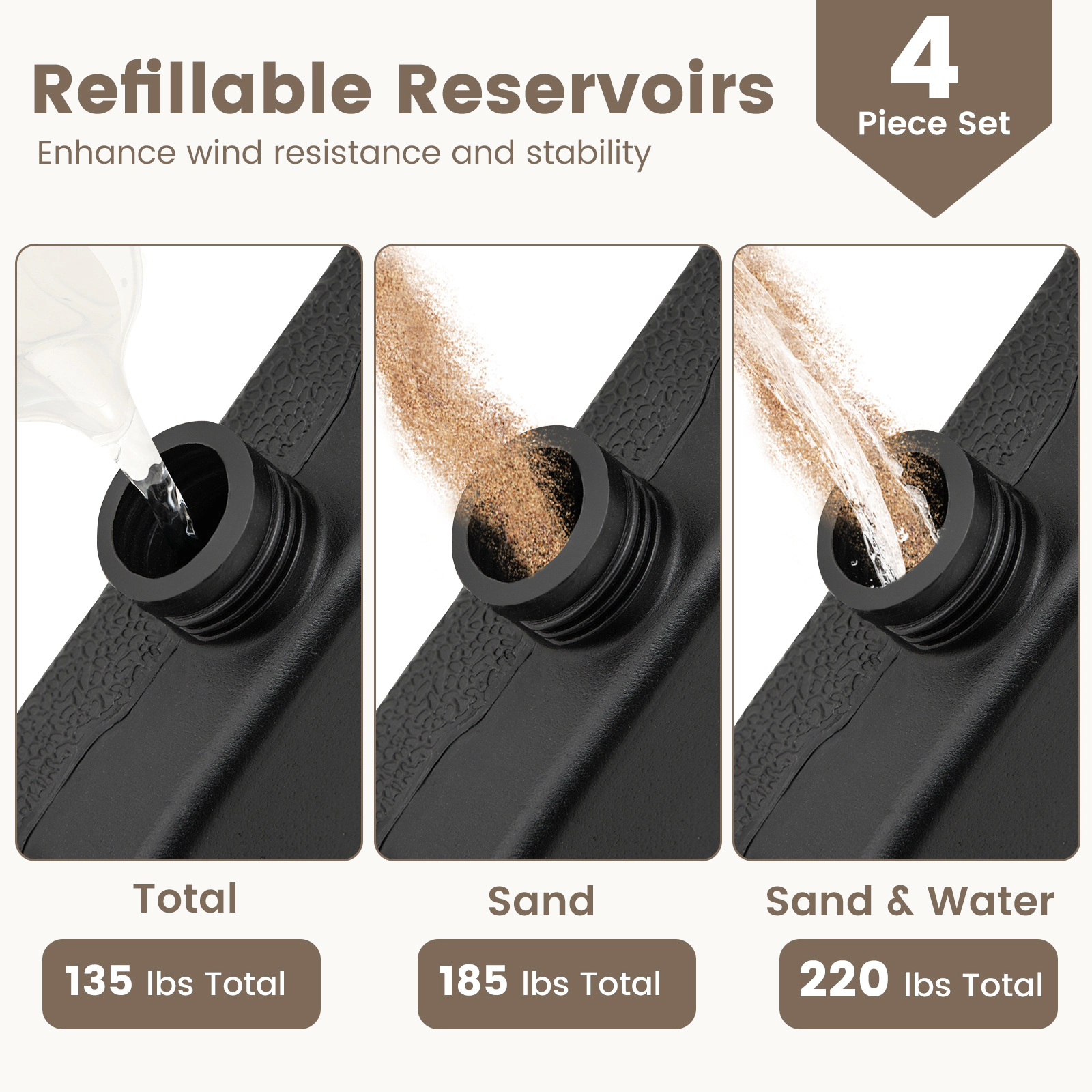 SlickBlue HDPE 4 Piece Umbrella Base Set with Locking Hooks for Cross Base Black