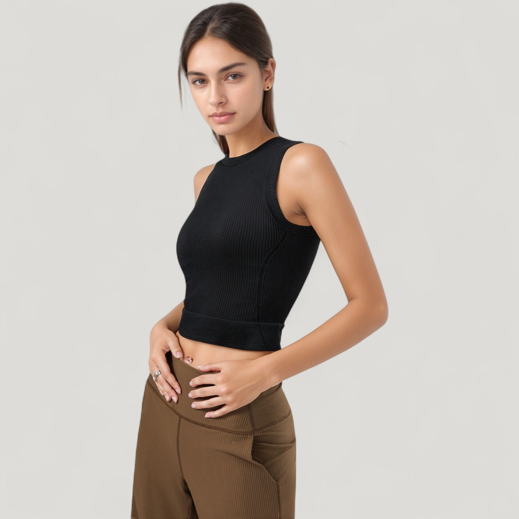 Anna-Kaci Women's Ribbed High Neck Sleeveless Crop Top with Seam Detail