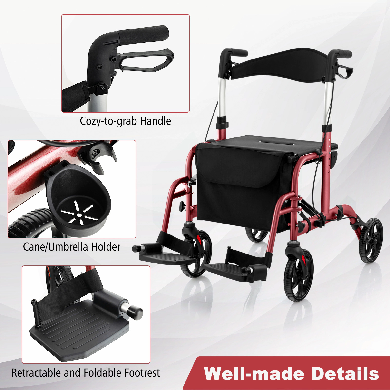 SUGIFT 2-in-1 Adjustable Handle Rollator Walker and Wheelchair 300-Lb Capacity 33.5-38.5-in Adjustable Height Red