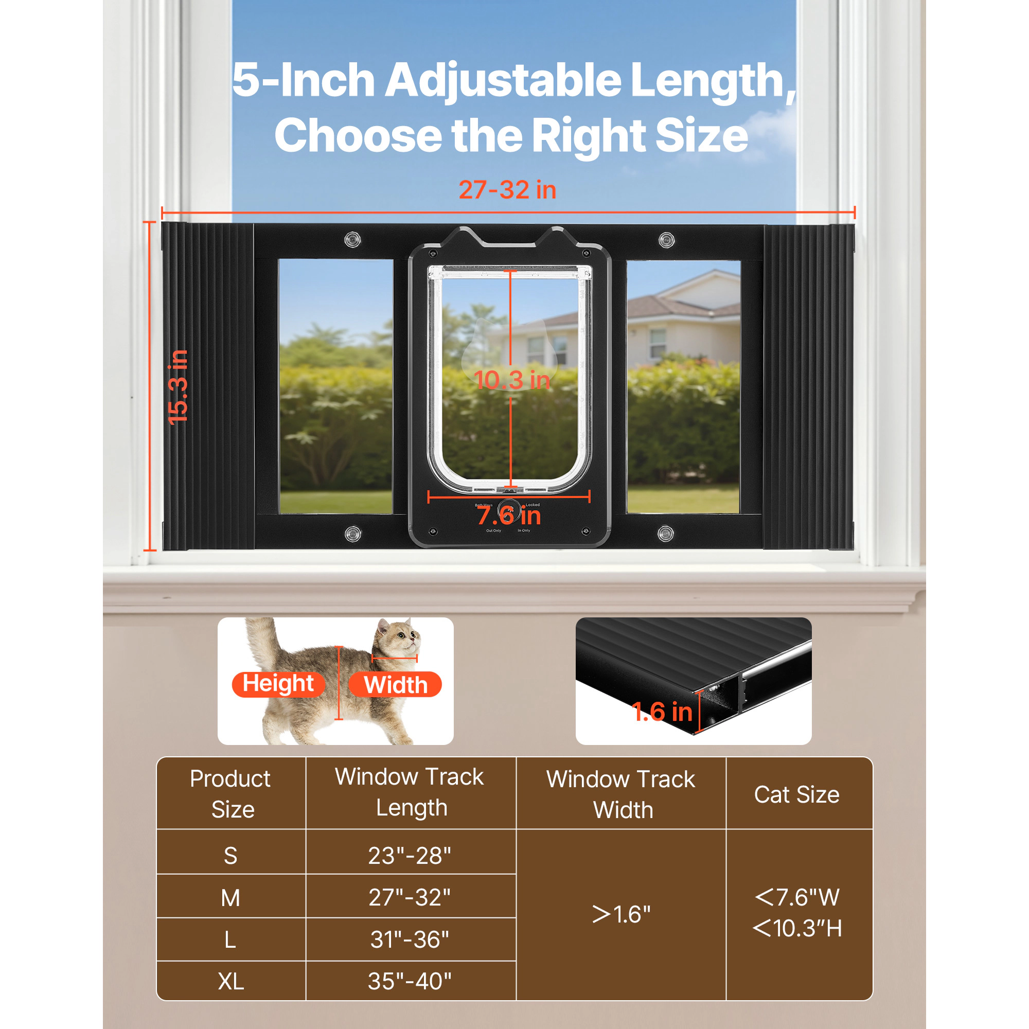 HONGGE Cat Door for Window, Adjustable 27 to 32 Inch Width, 4-Way Lock, Aluminum Frame with Magnetic Closure, Black