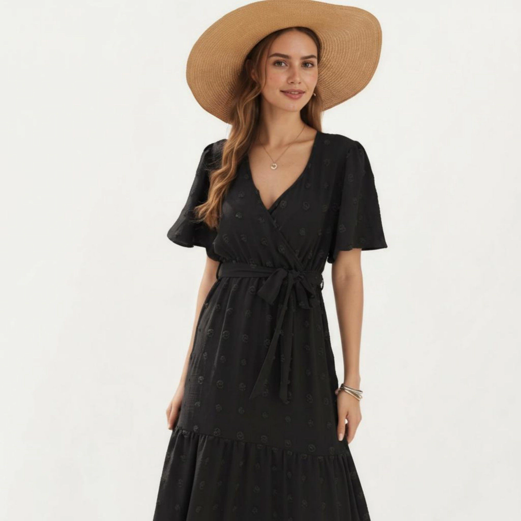 Anna-Kaci Women's Short Sleeve Maxi Dress with Wrap Front Waist Tie and Tiered Skirt