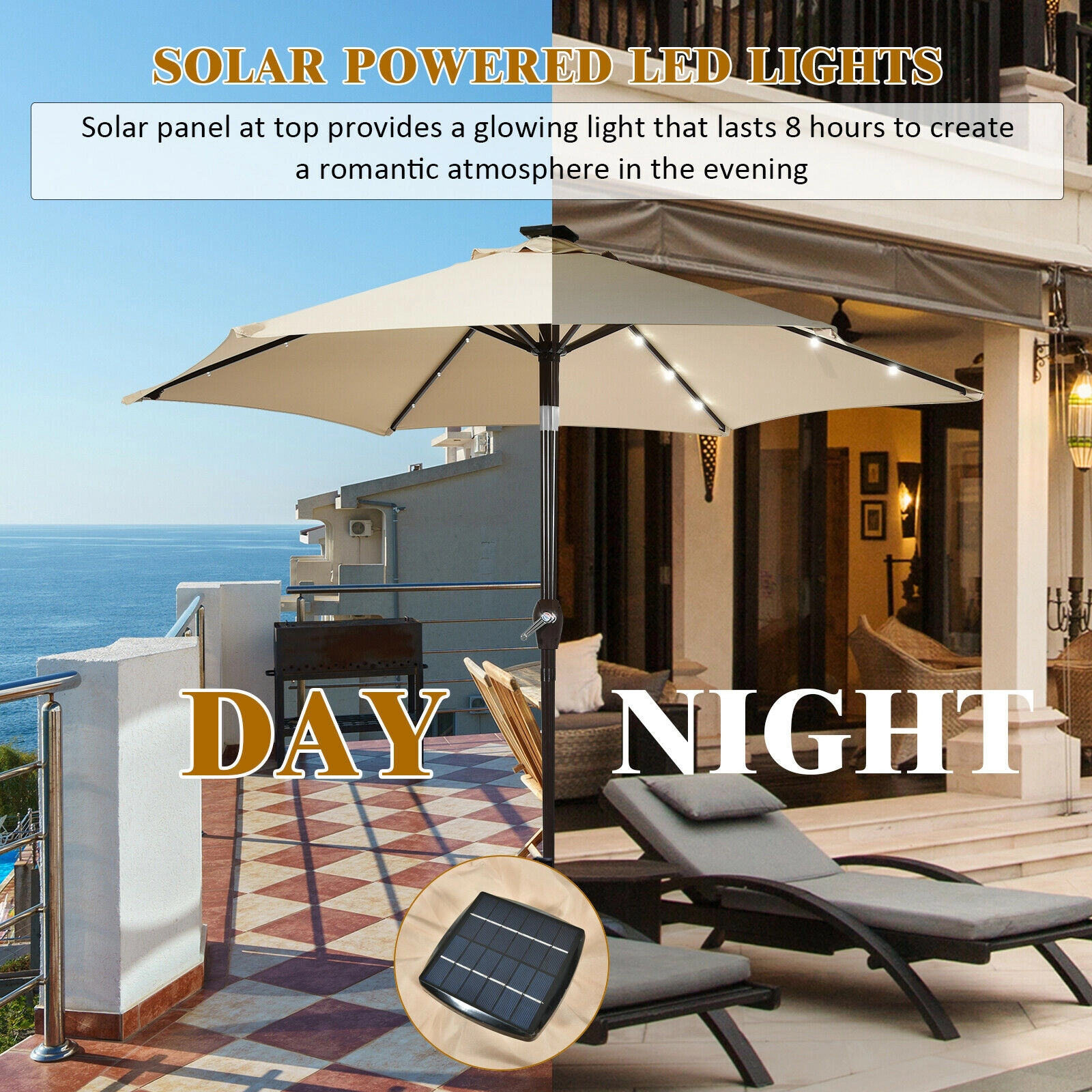 SUGIFT 9-ft Tan Solar LED Market Patio Umbrella with Crank Lift and Push-Button Tilt