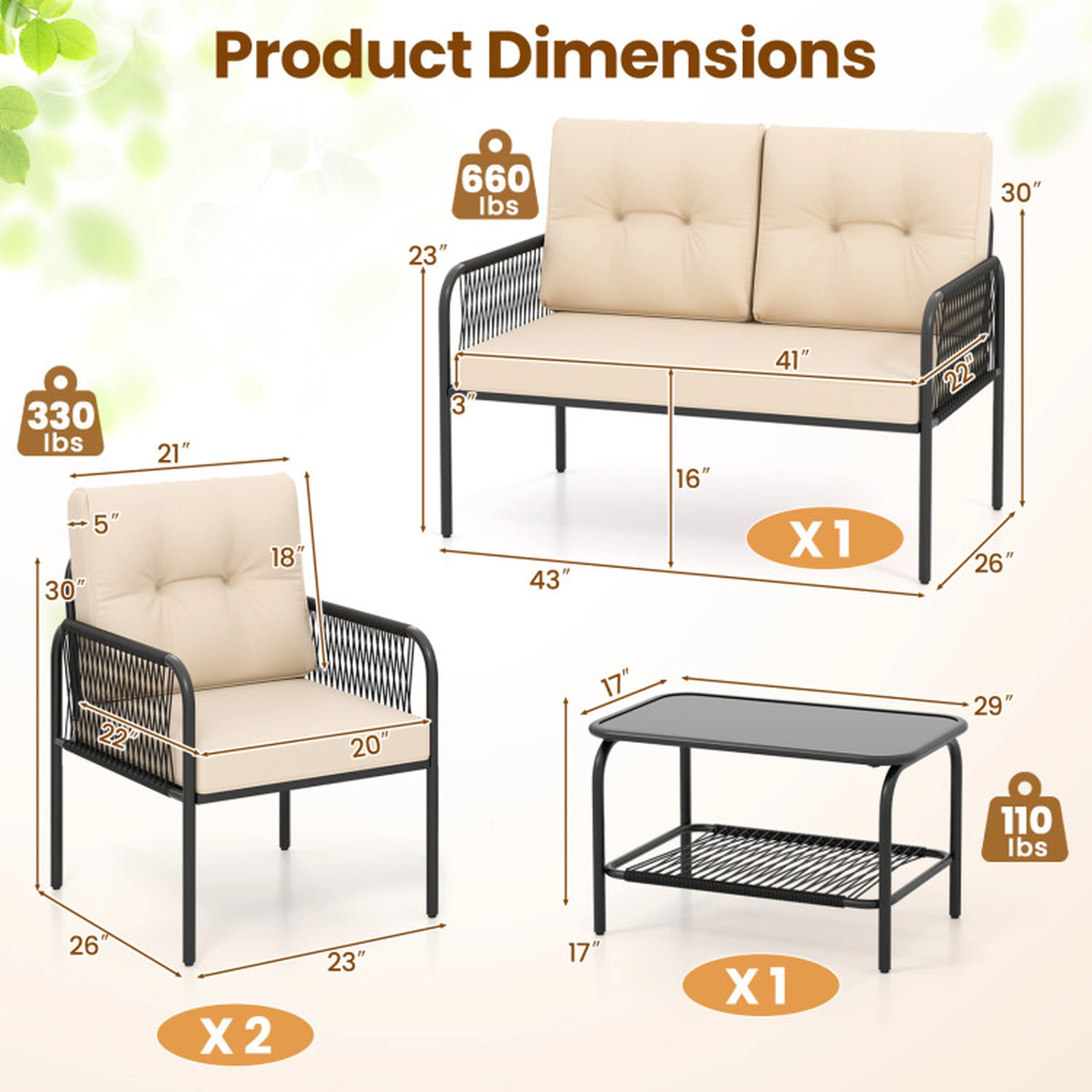 SUGIFT 4-Piece Beige Patio Rattan Conversation Set with Loveseat and 2 Chairs 16-in Seat H 660-lb Loveseat Capacity