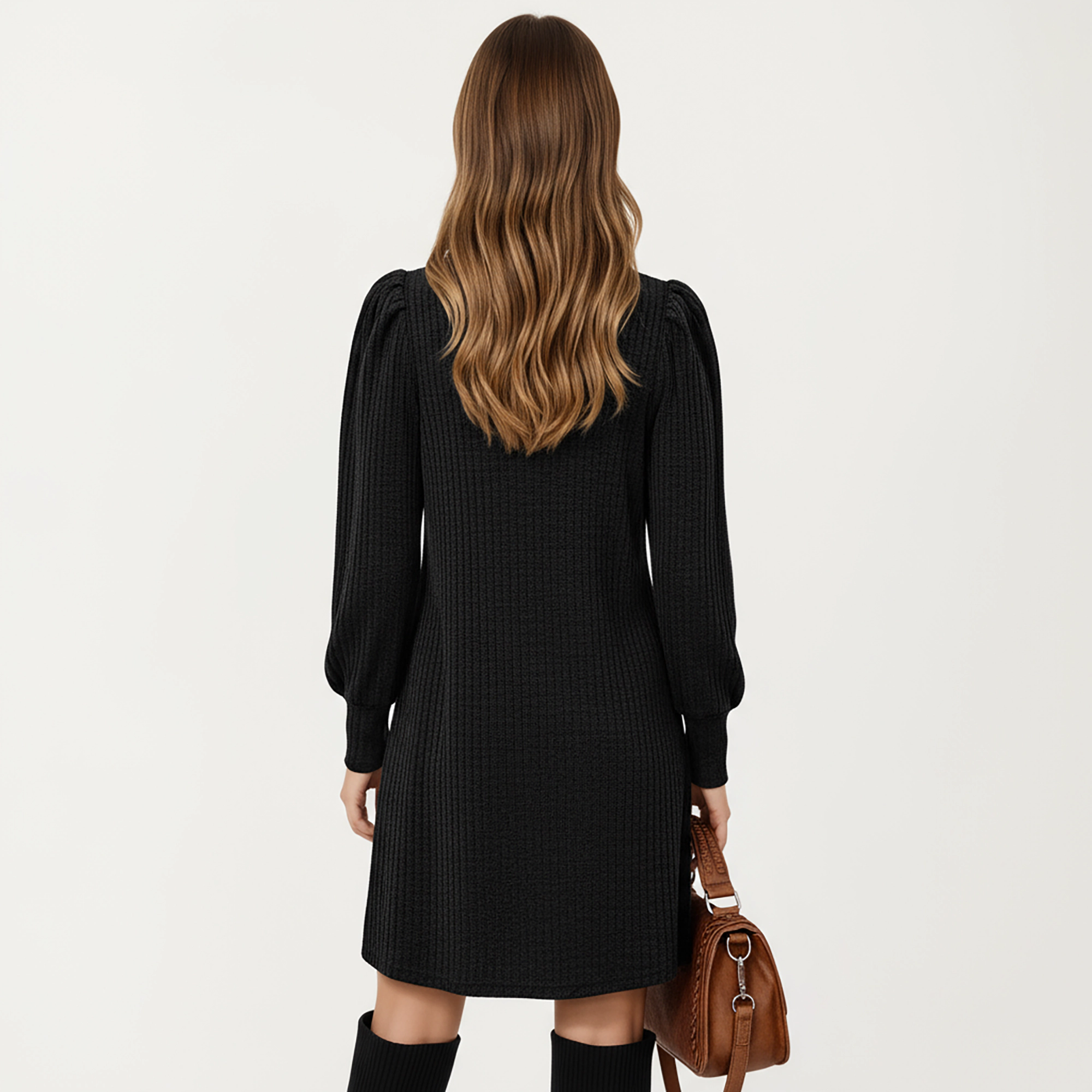 Anna-Kaci Women's Ribbed Knit Long Sleeve Puff Shoulder A-Line Dress