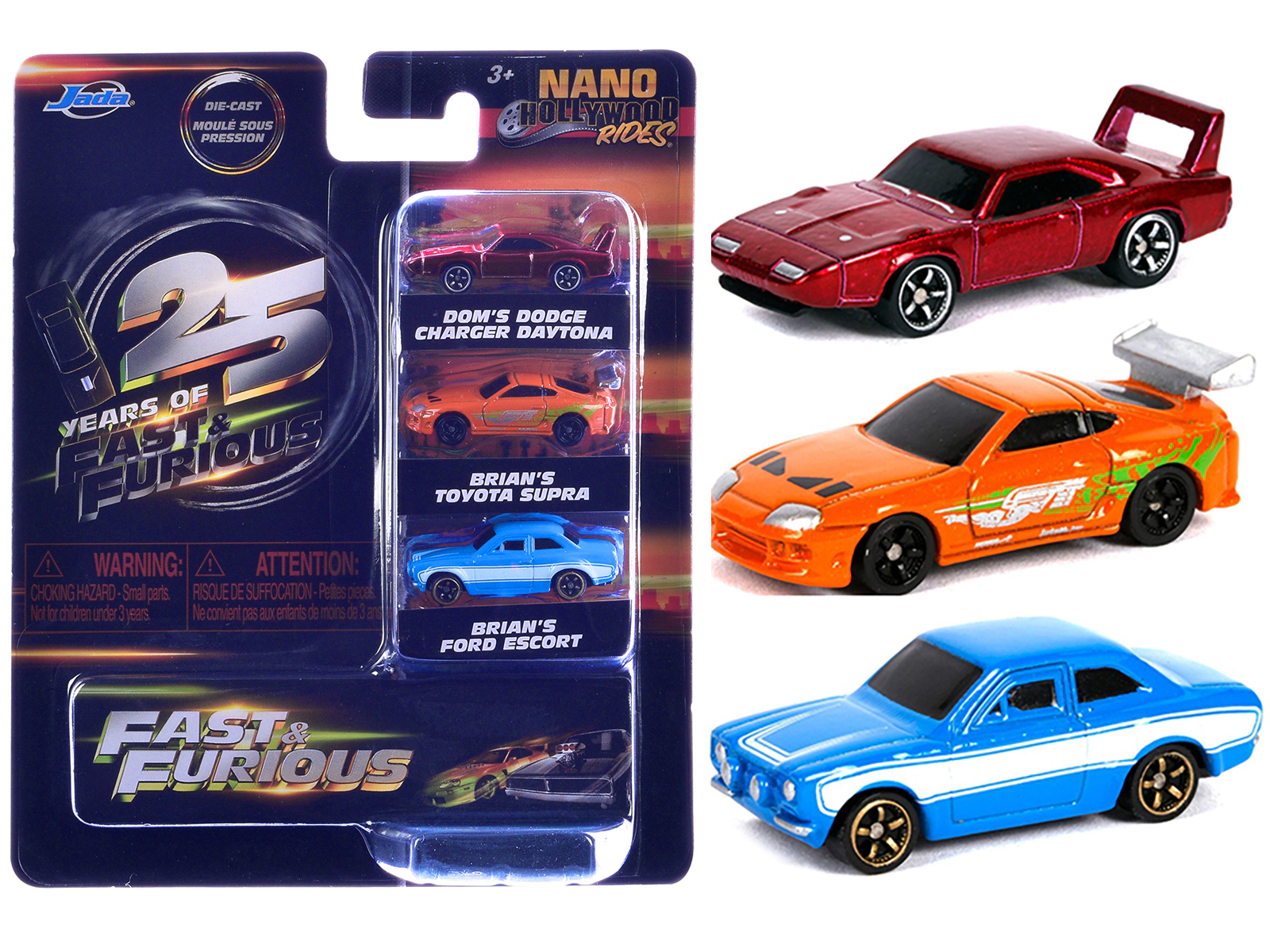 Jada "Fast & Furious 25th Anniversary" 3 piece Set #2 "Nano Hollywood Rides" Diecast Model Cars by Jada