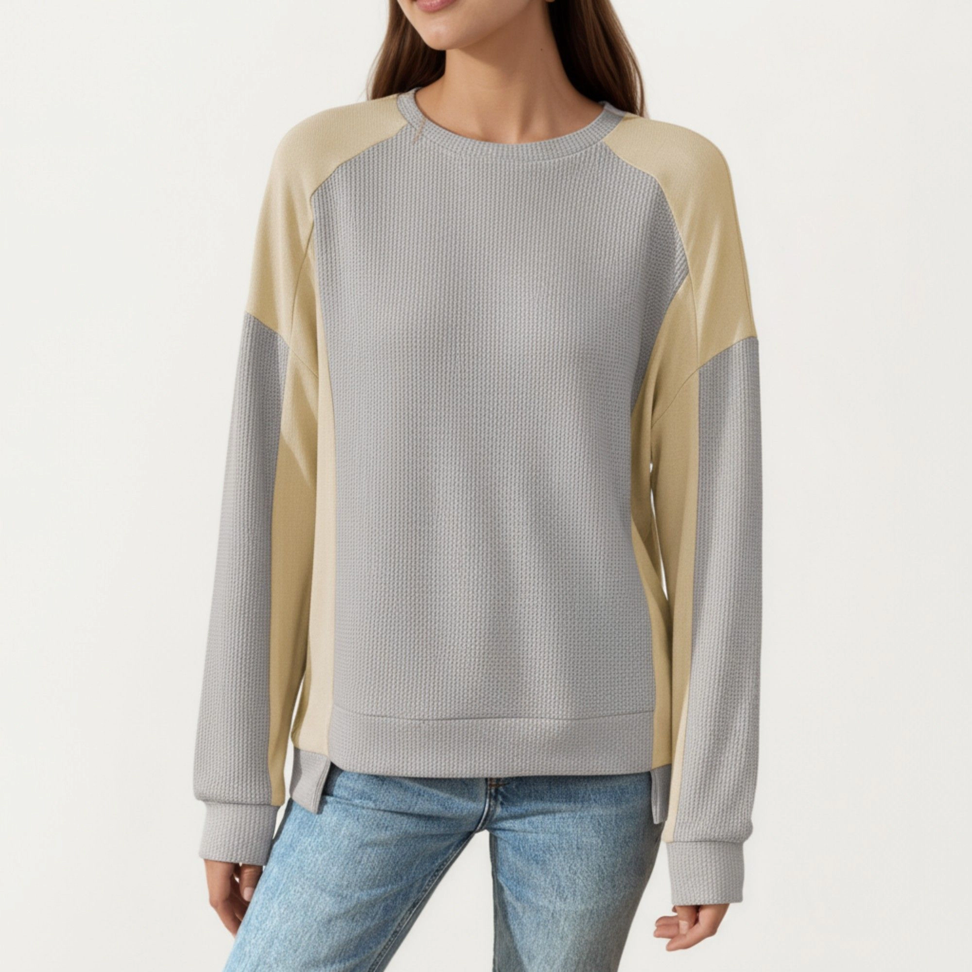 Anna-Kaci Women's Colorblock Crew Neck Relaxed Fit Long Sleeve Pullover Top