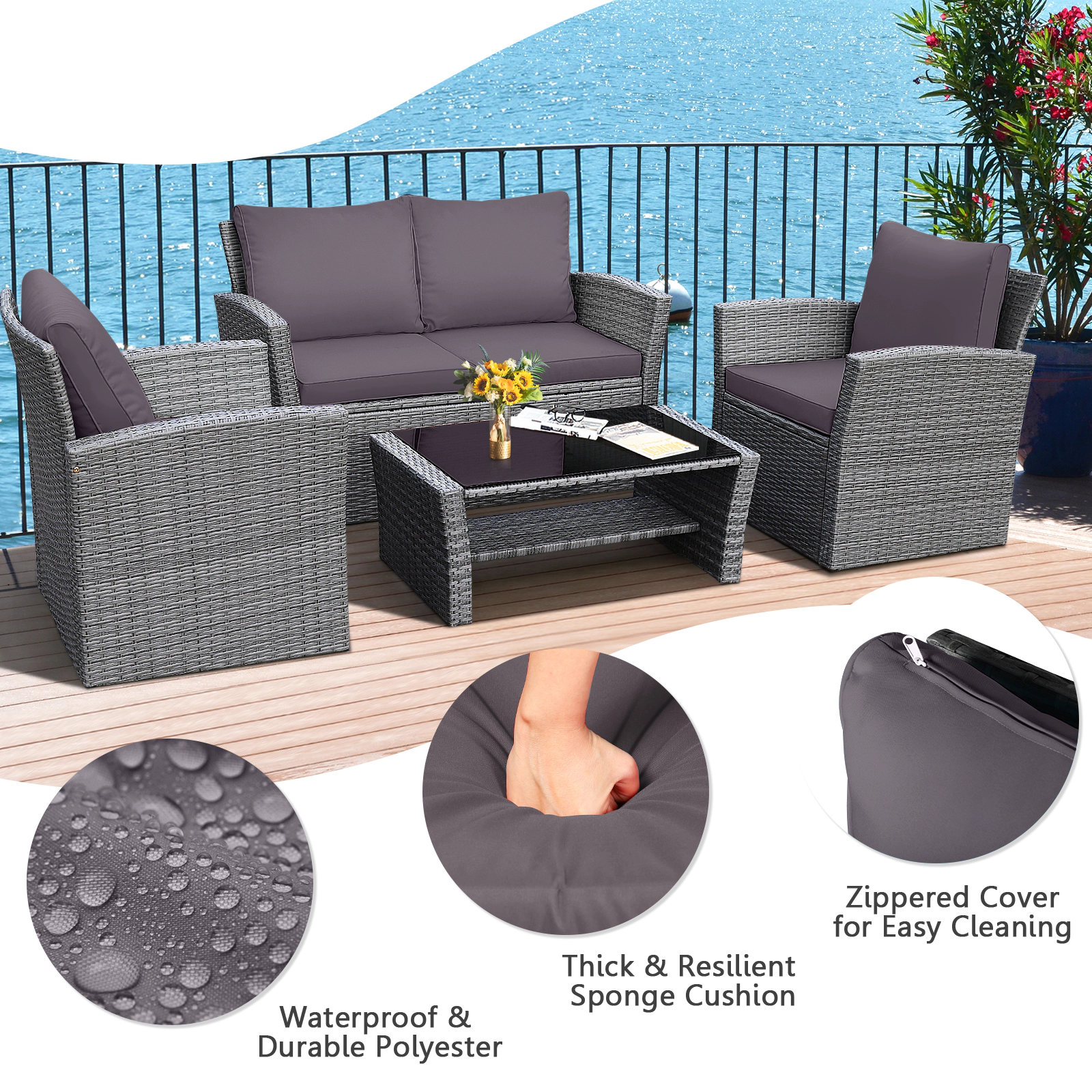 SUGIFT Gray Storage Shelf Coffee Table and Cushions 4-Piece Patio Rattan Sofa Set