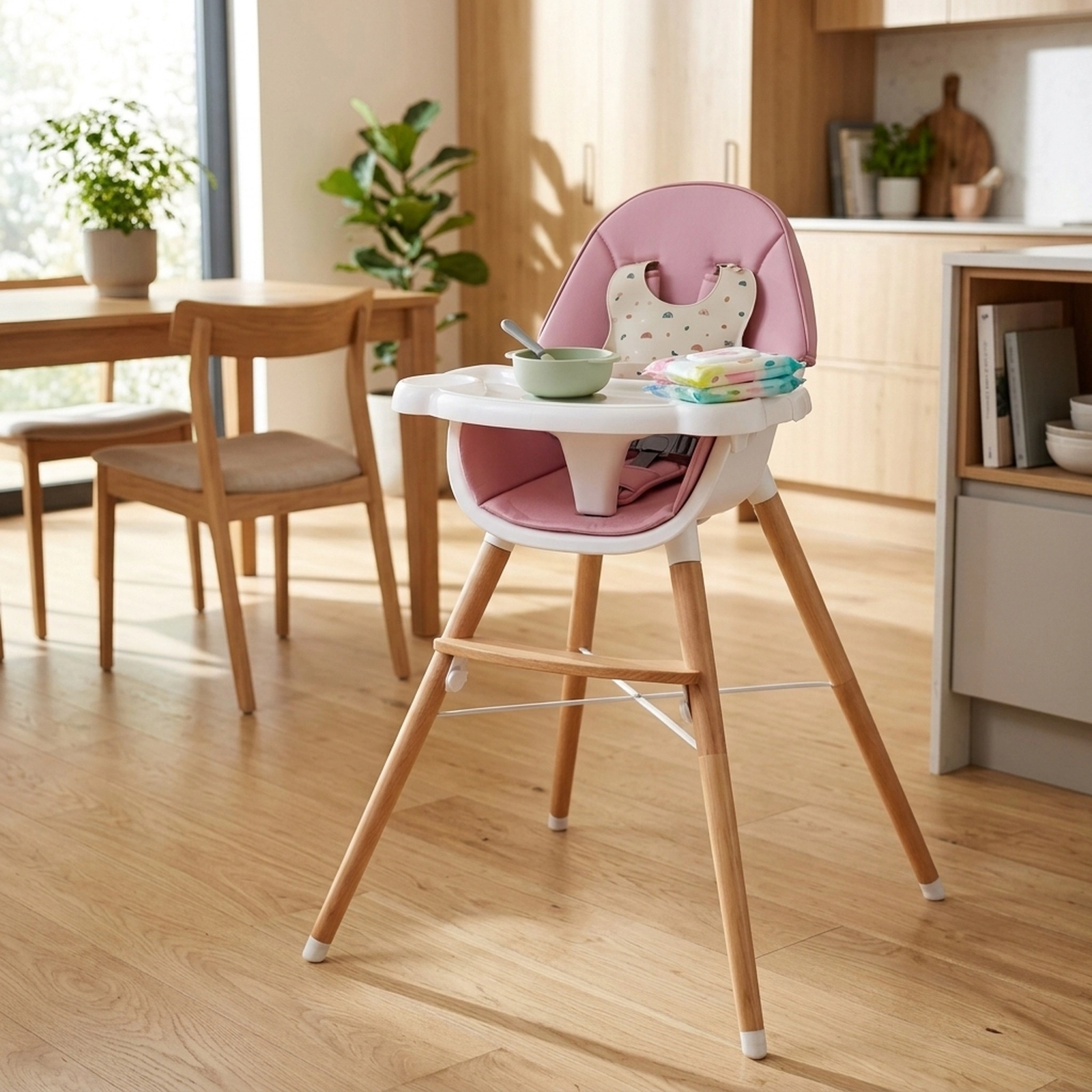 Baby High Chair 4-Level Dual Tray 2 Cup Holders Waterproof Cushion Solid Beech X-Frame for 6 Months to 3 Years