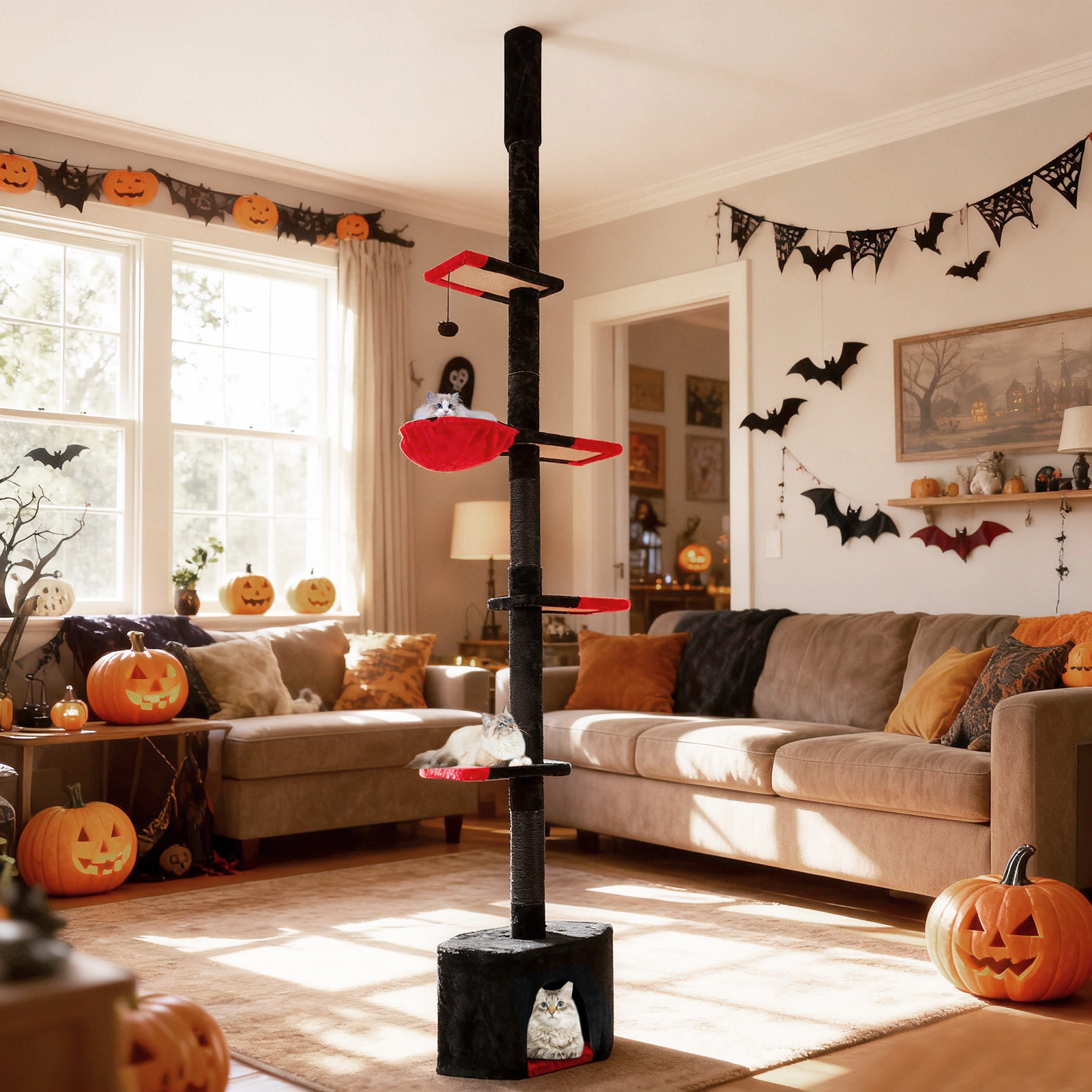 SUGIFT Adjustable Floor to Ceiling Gothic Cat Tree 97-118-in Tall 5-Tier Condo 22-lb Layers Red+Black